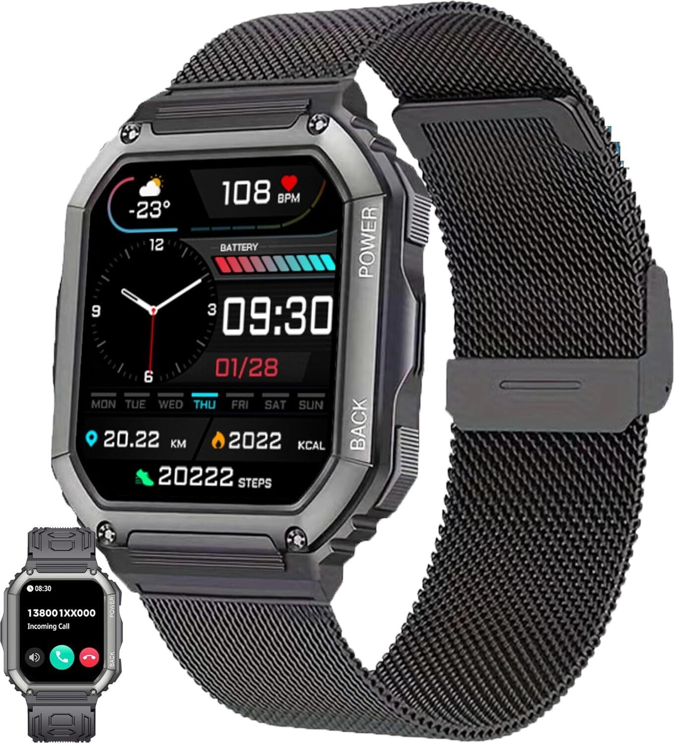 ZPIMY Herren Smartwatch mit Telefonfunktion, AMOLED 5ATM wasserdichte Fitness Taschenlampe Schrittzähler, Herzfrequenz, SpO2, Sportuhr, Aktivitätstracker