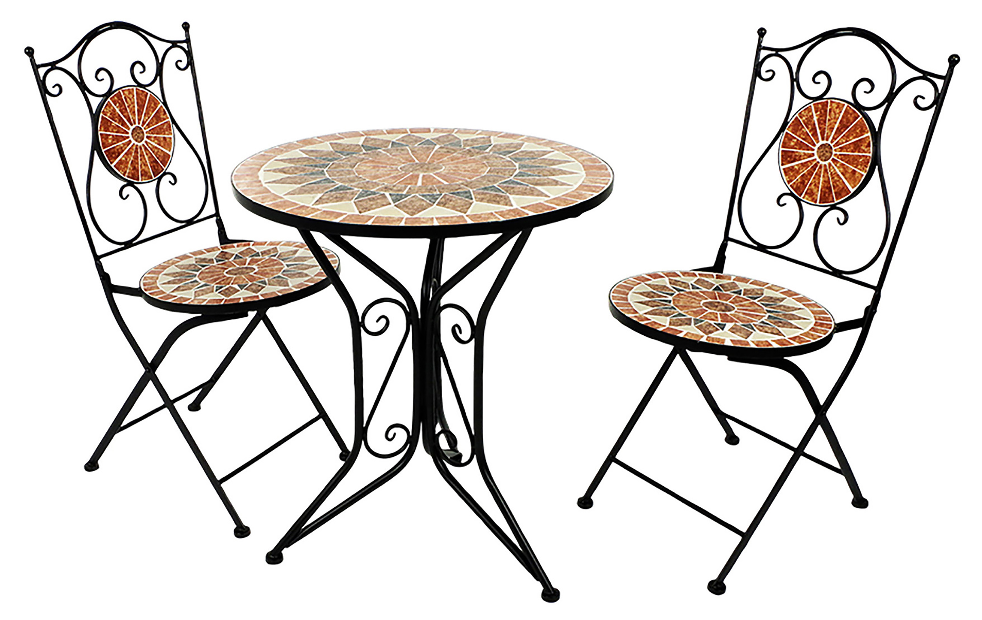 Kobolo stolová skupina MOSAIK 1 stôl okrúhly 2 skladacie stoličky kovová mozaika čierna terakota - rôzne vzory farby záhradný nábytok terasa záhrada balkón