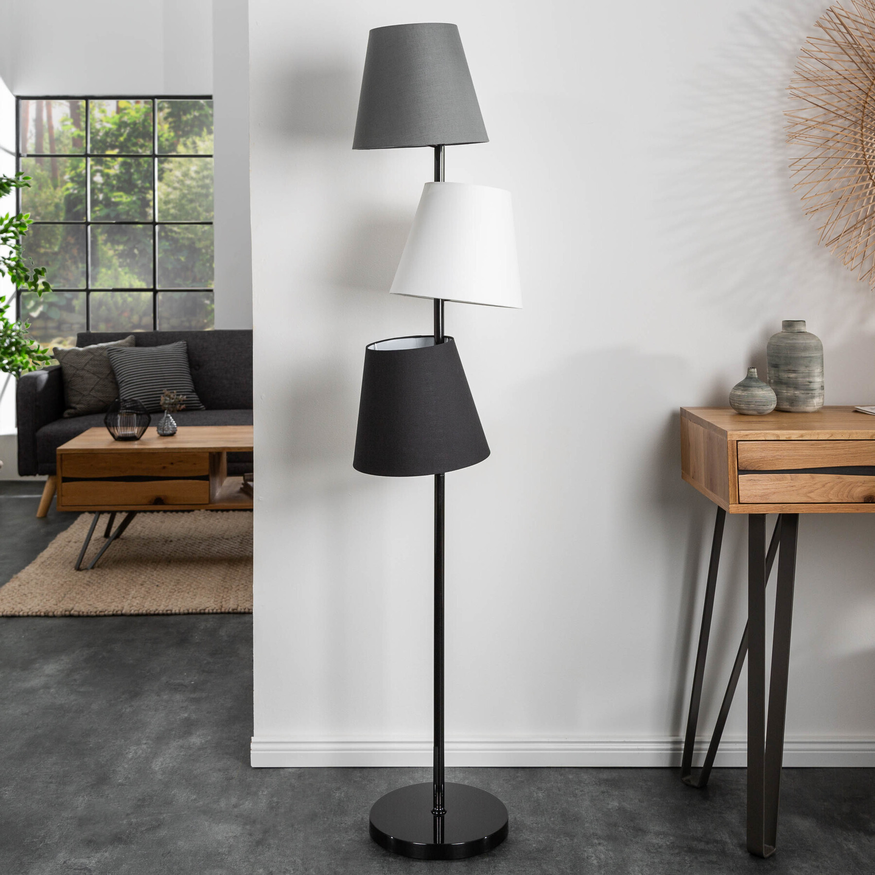 Invicta Interior Design Stehlampe LEVELS 163cm schwarz grau 3 Leinen Schirmen Stehleuchte Wohnzimmerlampe 39674