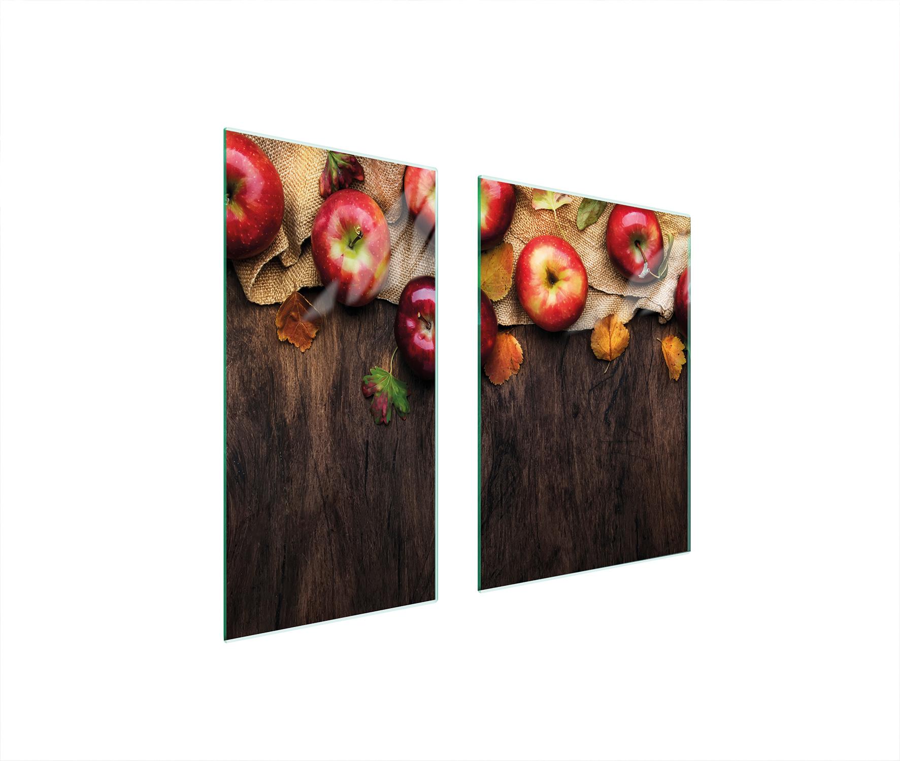 TMK ArtDeko Herdabdeckplatten 2 teilig 75x52 Glaskeramikfeld Abdeckung Glas Schneidebrett Äpfel Holz