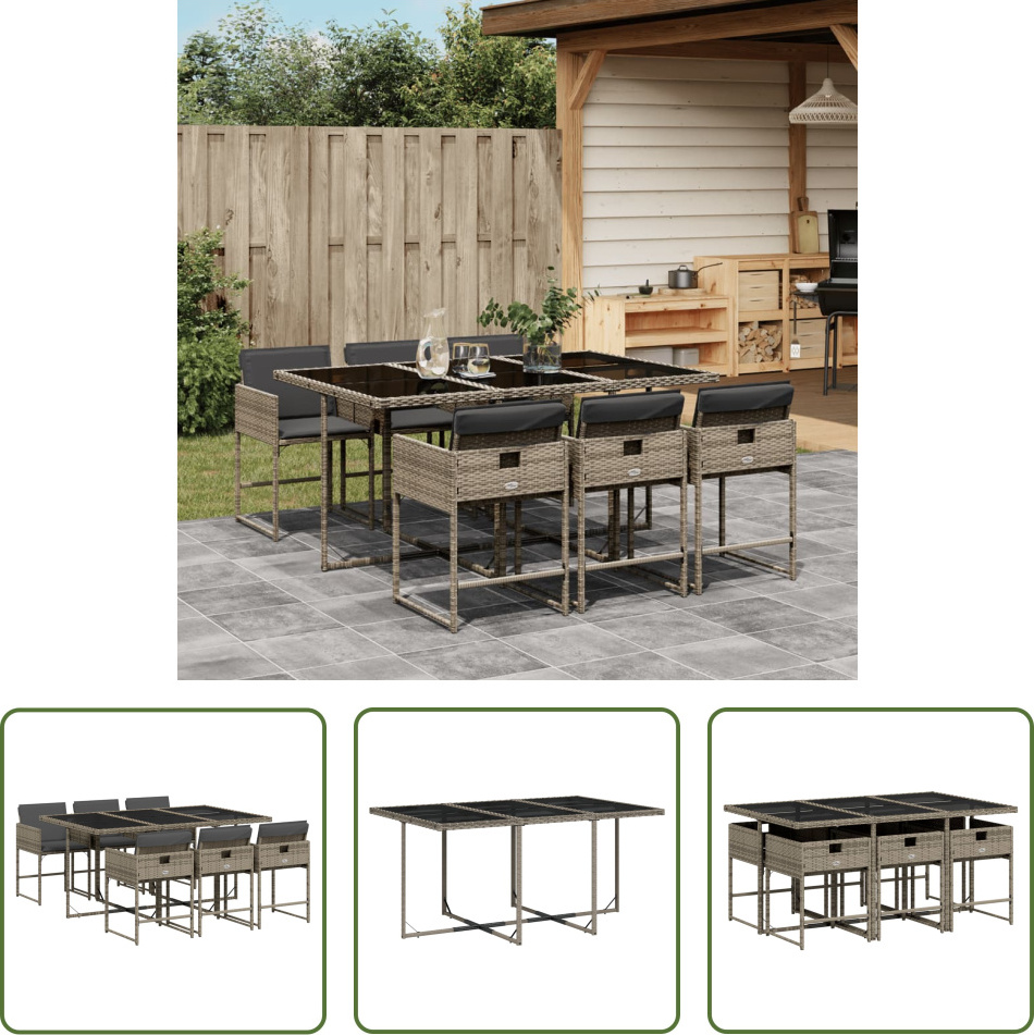 The Living Store 7-dielny záhradný jedálenský set s vankúšmi sivý polyratan
