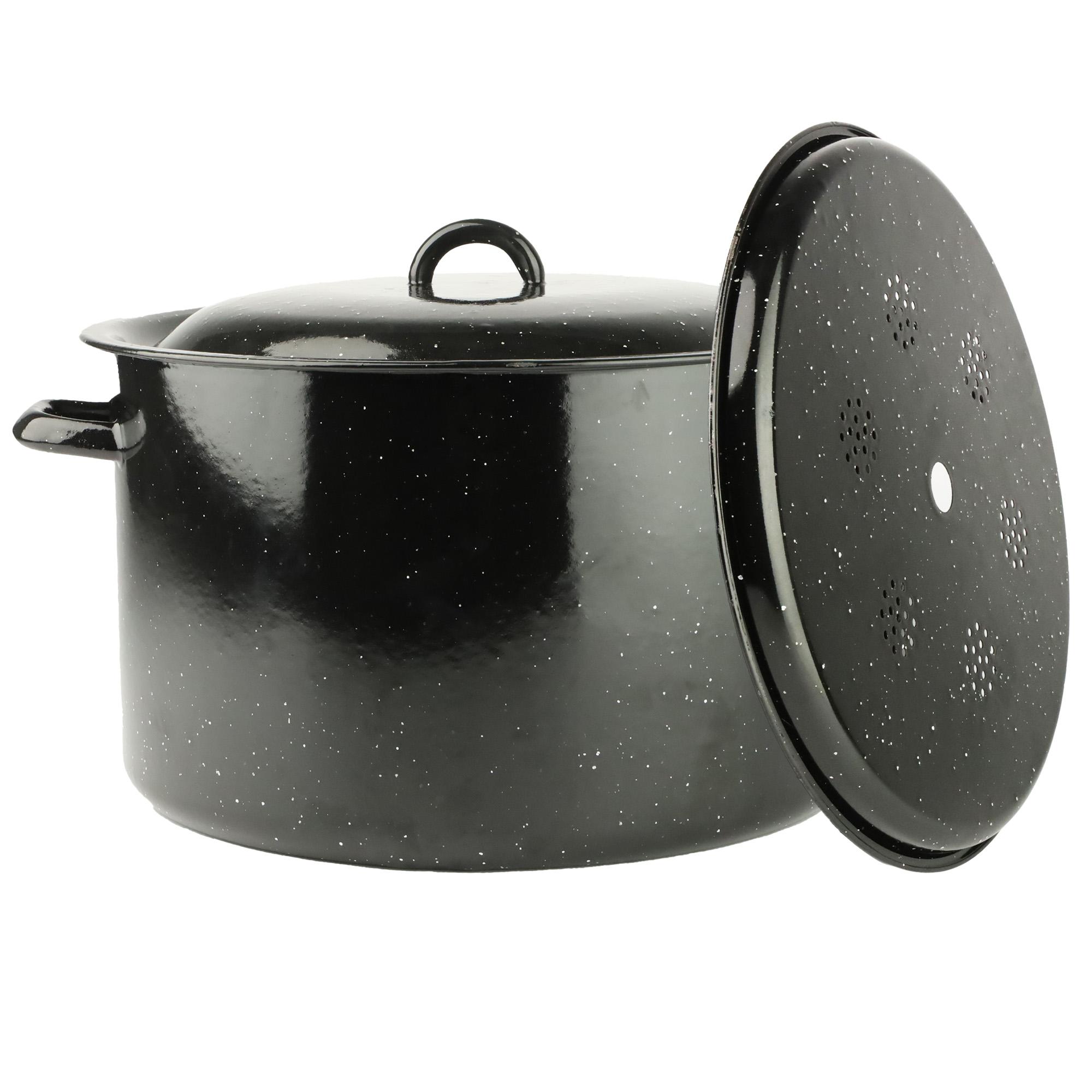 Silesia Emalia Einkochtopf emailliert 32 cm – 15L mit Einsatz | Einkocher schwarz-weiß gepunktet, für Einkochen, Pasteurisieren & Kompott, induktionsgeeignet