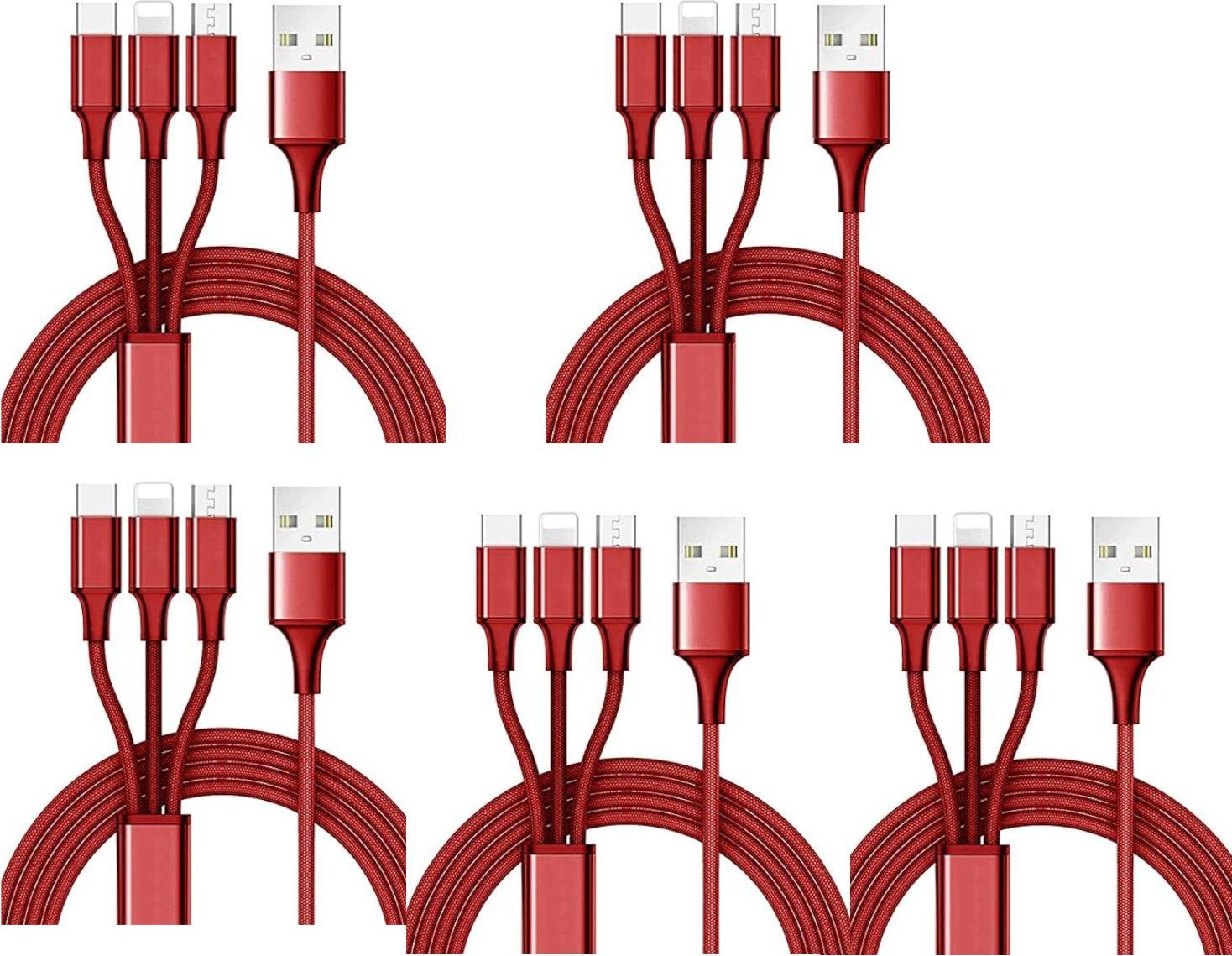 Nabíjací kábel 3 v 1 – odolný multifunkčný kábel s konektormi USB-C, Micro a pre iPhone – červený / balenie po 5 kusoch