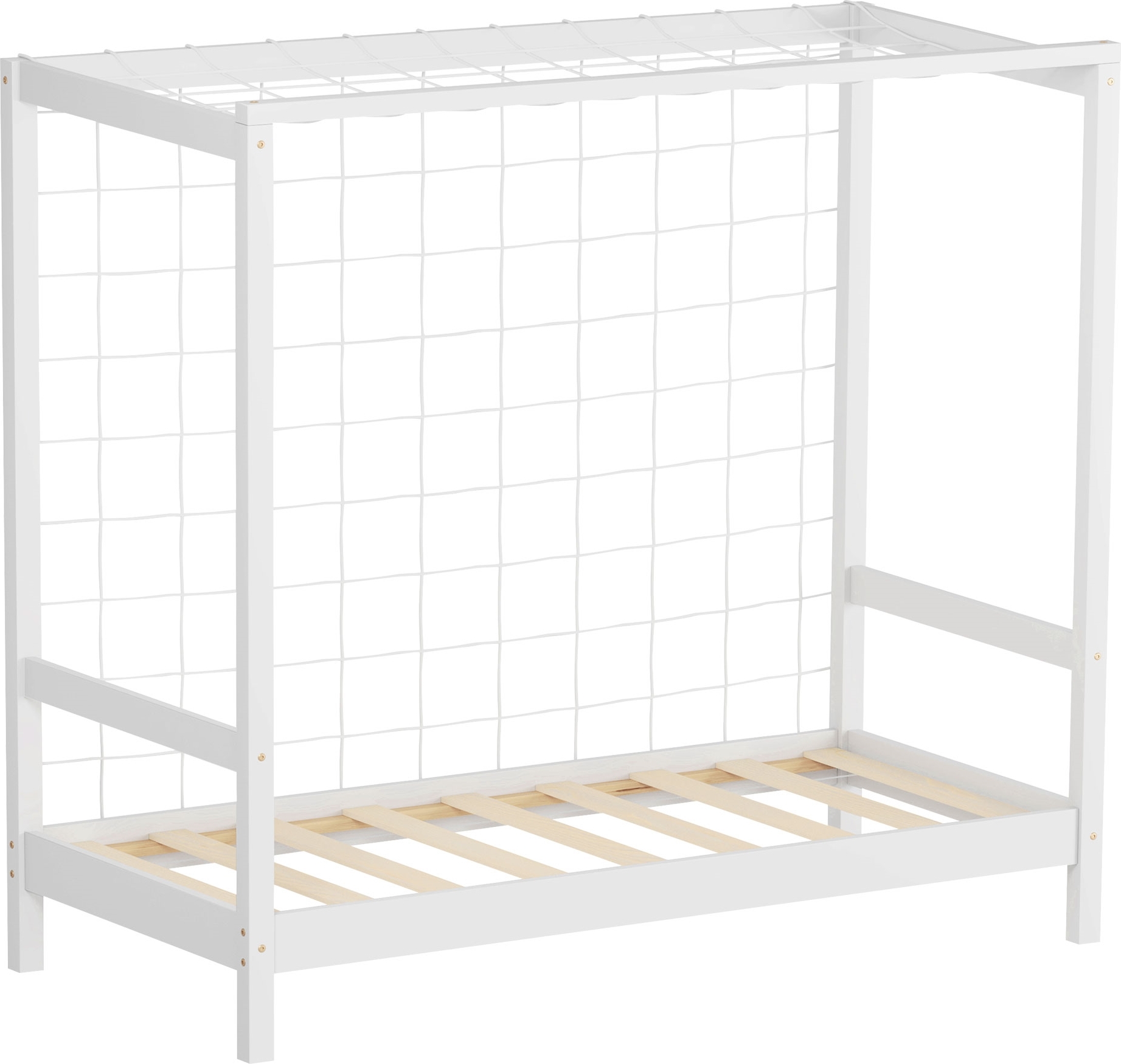 ML-Design Kinderbett Fußballtor, 70x140 cm, Weiß, Einzelbett für Kinder, Holzbett mit Lattenrost & Tornetz, Jugendbett aus Kiefernholz, Handballtor 490016844