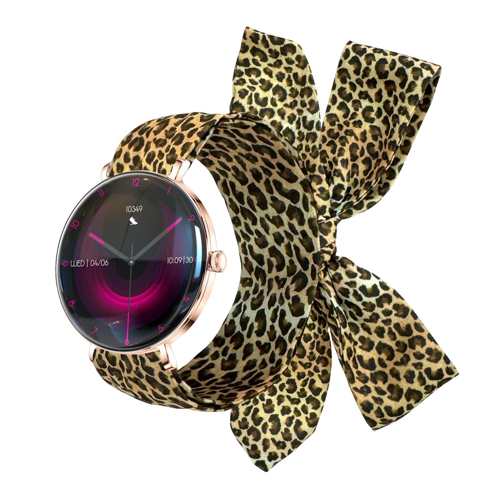 Forever Smartwatch pre módne ženy, Bluetooth, AMOLED, môžete telefonovať priamo cez hodinky SB-370 Lucca rose gold - leopardí remienok