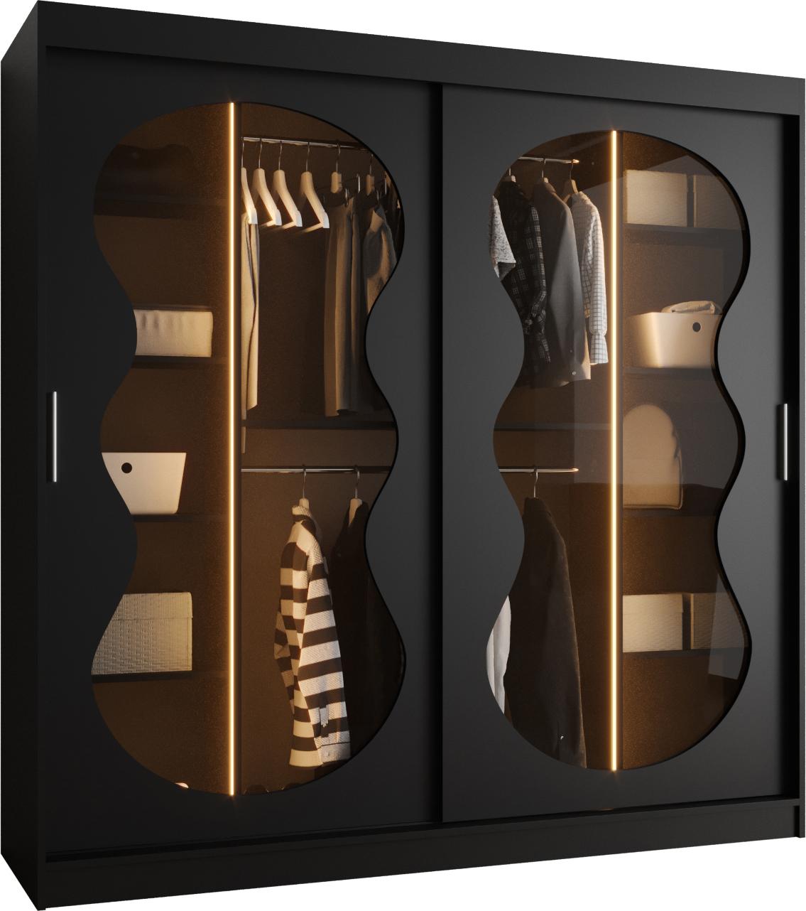 MEBLE KRYSPOL Kleiderschrank mit Glas 200 x 200 x 62 cm BAHRAJN 3, Schwarz BAHRAJN 3 200 CZ LED