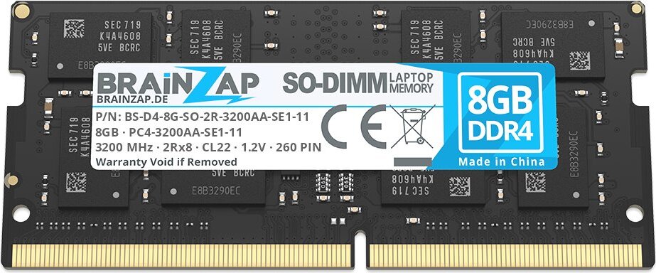 BRAINZAP 8GB DDR4 RAM SO-DIMM PC4-3200AA-SE1-11 2Rx8 3200 MHz 1.2V CL22 Notebook Laptop Arbeitsspeicher Unbuffered Non-ECC BS-D4-8G-SO-2R-3200AA-SE1-11