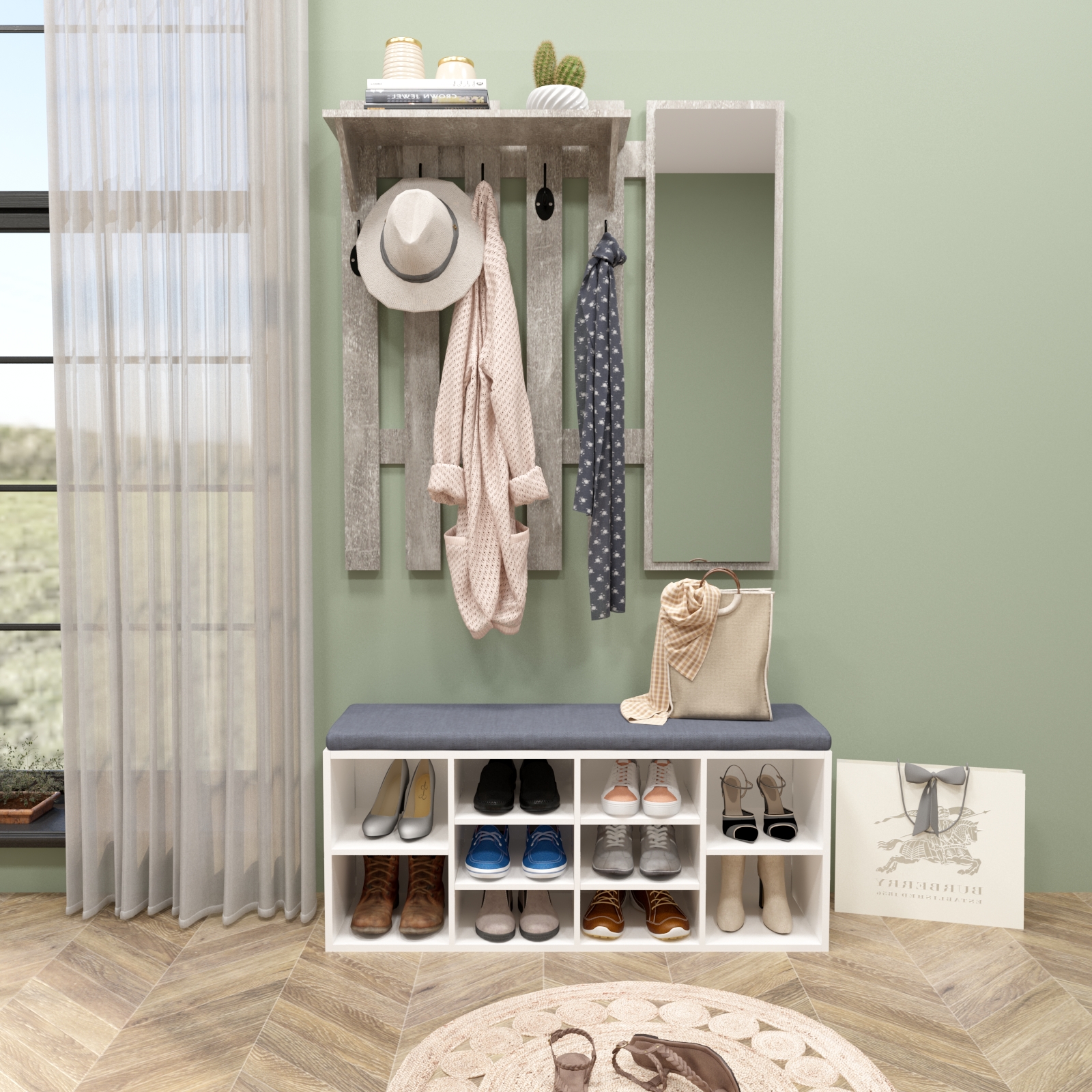 Andria Garderobe mit Spiegel Kleiderstange Haken Fächer 90x113,2x24,5cm weiß 