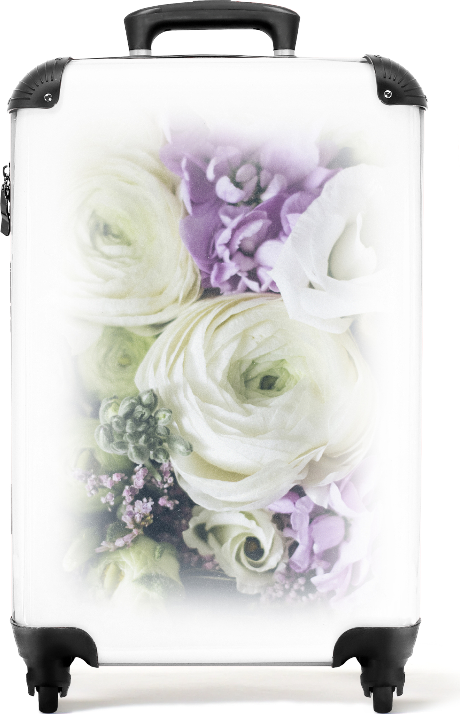 NoBoringSuitcases.com® Koffer Handgepäck Trolley Rollkoffer Kleine Reisekoffer mit 4 Rollen - Blumen - Rosen - Weiß - Lila - Botanisch - Cabin Size < 55x40x23 cm & 55x40x20 cm - Fotokoffer - Kabinenkoffer - BoardgepäckHandgepäck Koffer 55x35x20 cm, 36L, 709|554744