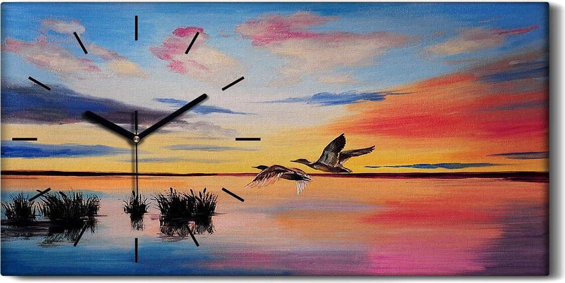 coloray Wohnzimmer-Bild Leinwand Uhr 60x30 See Vögel Enten Wolken Sonnenuntergang Kunst - schwarze Hände 60x30-249075043-c