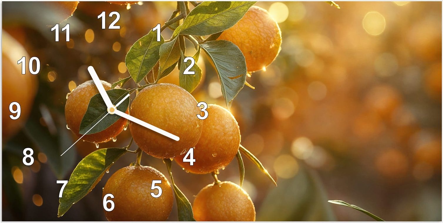 Primedeco Wanduhr aus Glas mit Motiv Sonnengeflutete Orangen- 60 x 30 cm - inkl. Aufhängesystem