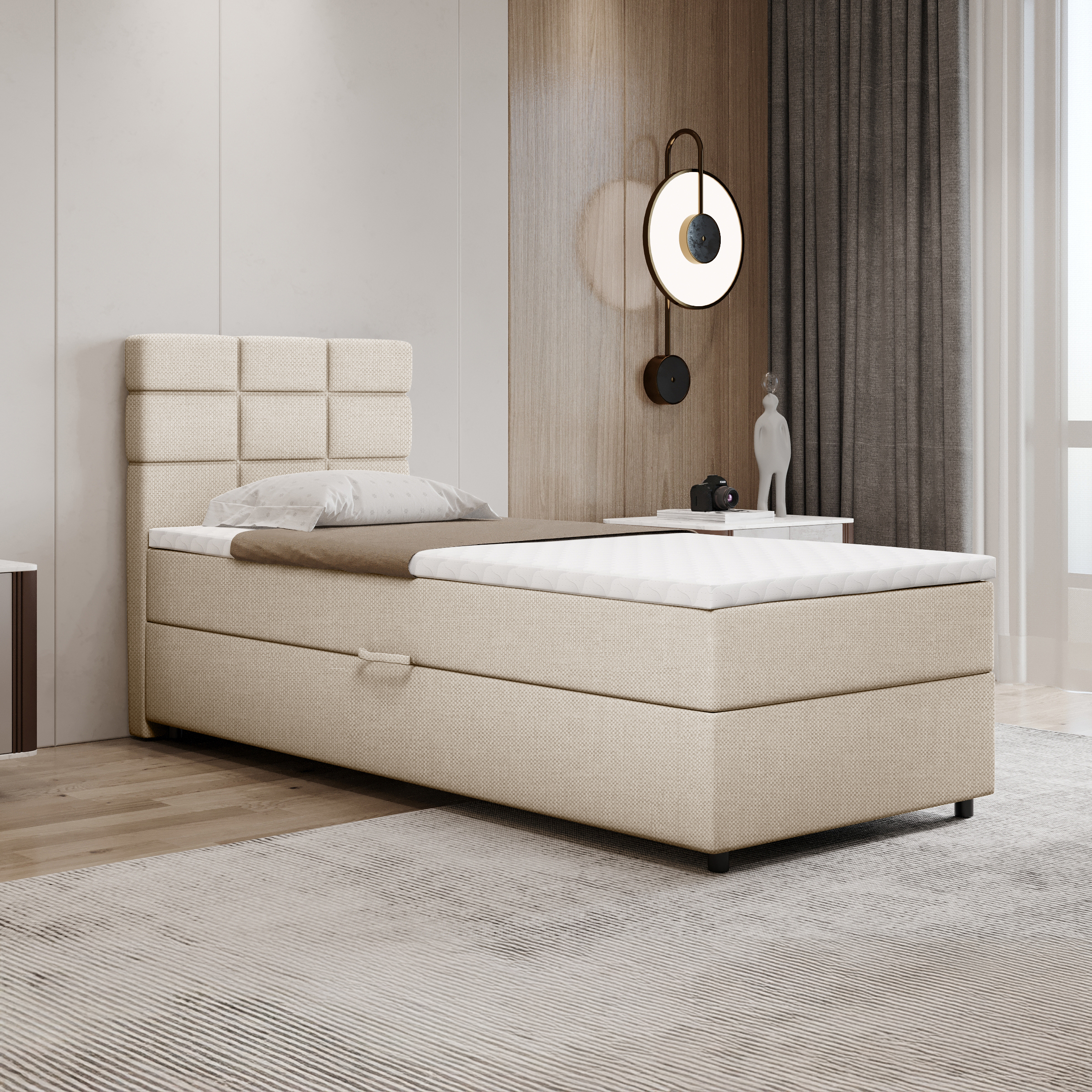 Boxspringbett 90x200, mit Bettkasten, Beige, Matratze und Topper, Einzelbett, REVE, Panda Möbel