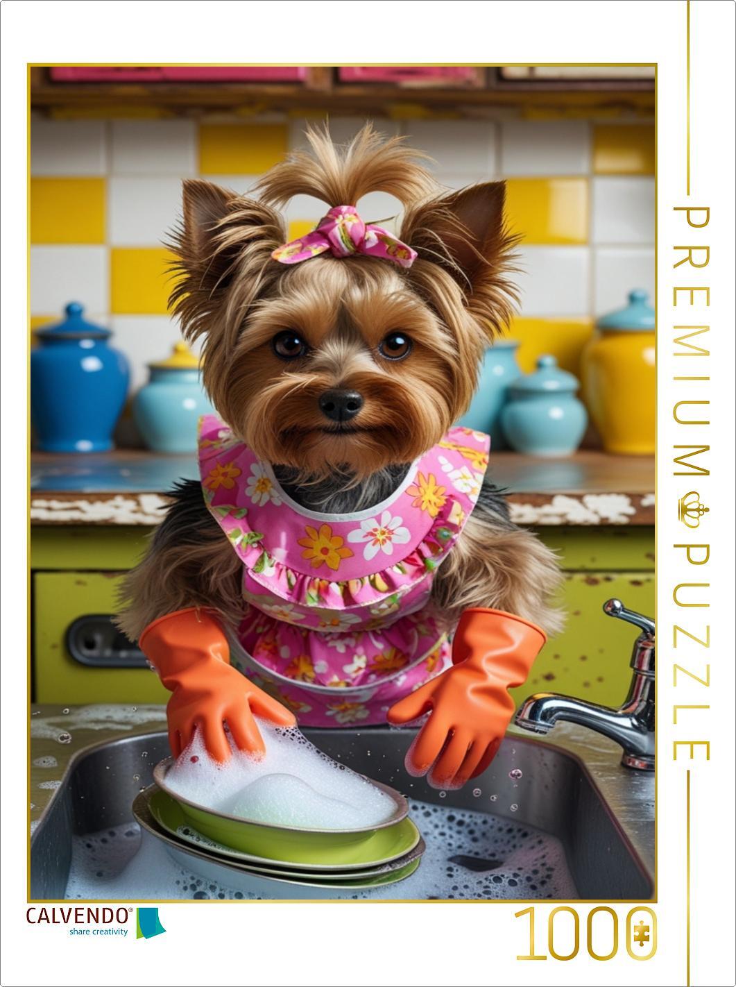 CALVENDO Puzzle Yorkshire Terrier beim Abwasch – niedlich, witzig und originell | 1000 Teile Lege-Größe 64x48cm Foto-Puzzle für glückliche Stunden