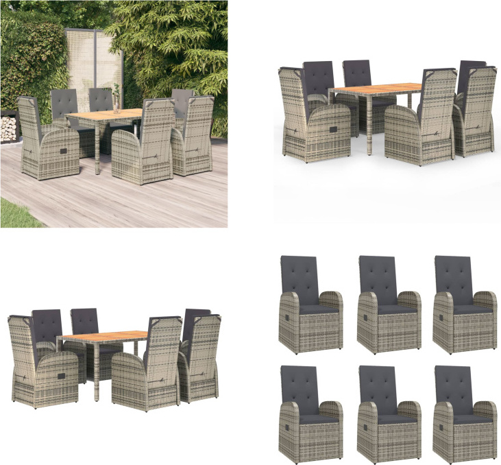 vidaXL 7 tlg. Garten Essgruppe mit Kissen Grau Poly Rattan - Garten Essgruppe - Garten Essgruppen - Essgruppe - Essgruppe Terrasse