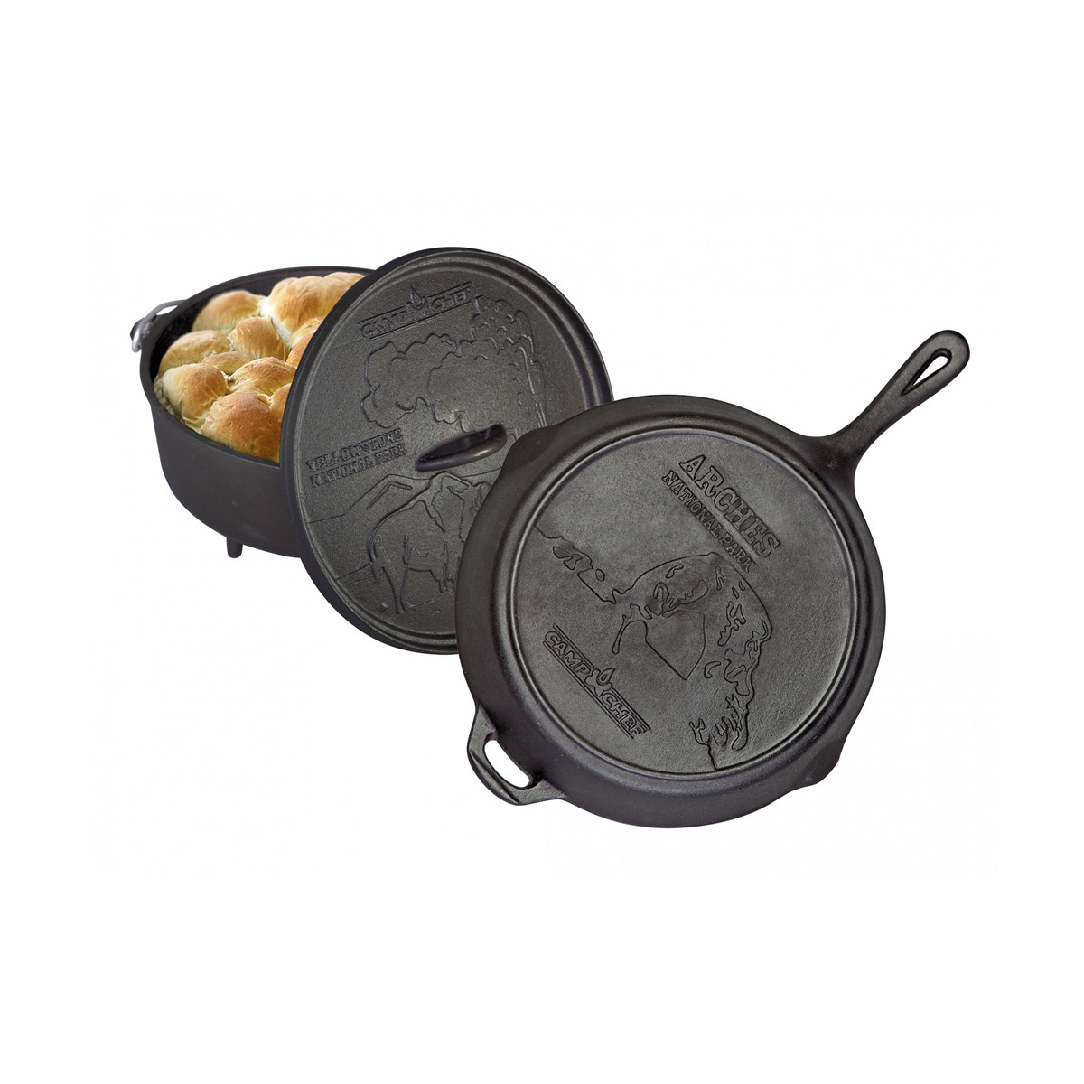 CAMPCHEF Camp Chef 'NATIONAL PARK KIT' Gusseisen-Set 12' (30cm) Feuertopf + 12' (30cm) Feuerpfanne CC-CBOX100