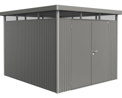 Plechový záhradný domček Biohort HighLine H5 dvojkrídlové dvere 254x294 cm sivý kremeň metalický