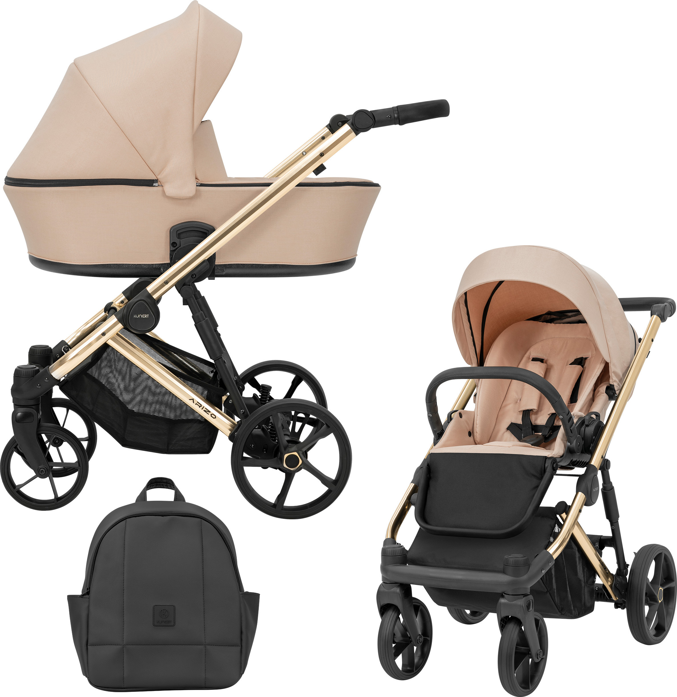Kinderwagen ARIZO Sportwagen Babywagen Babyschale Komplettset Kinder Wagen Set 2 in 1 (Pink, Rahmenfarbe: Gold)