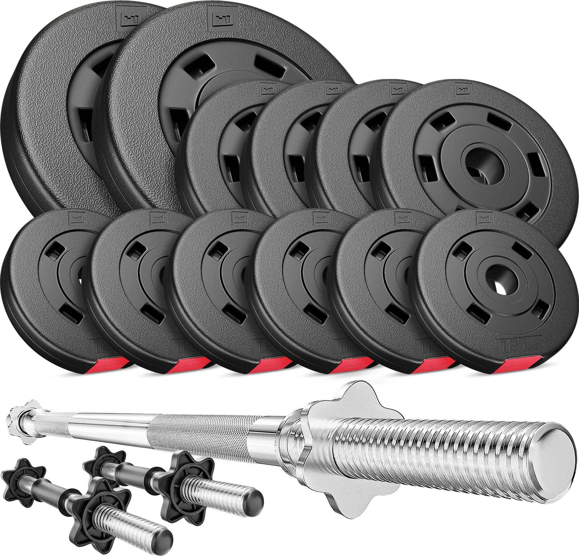HOP-SPORT Hantelset 38 kg Hanteln Kurzhanteln Langhantelstange Hantelscheiben 30mm, 2x 5 kg, 4x 2,5 kg, 6x 1,25 kg 38/set