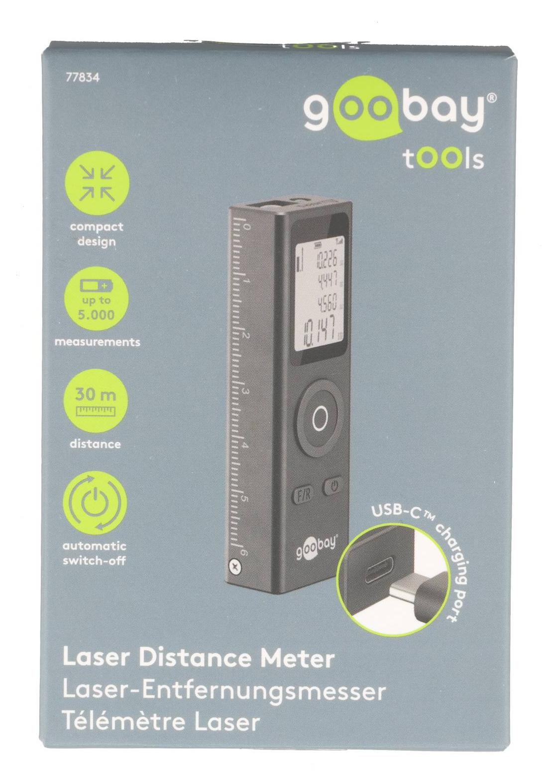Goobay Tools Laser-Entfernungsmesser 30 m – Kompaktes Messgerät für Längen-, Flächen- und Volumenmessung