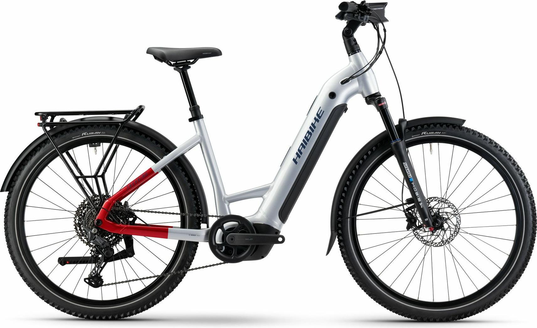 Haibike TREKKING 7 soft grey/red/blue shiny 27.5" 800 Wh Wave e-touring bike v šedej farbe