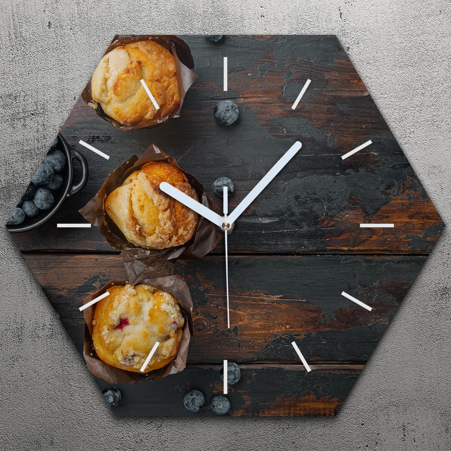 TastyPrints Uhr hexagonal 40 cm Glas Geräuschlos weiße Zeiger - Blaubeeren Muffin zshex-40-b-1902520306