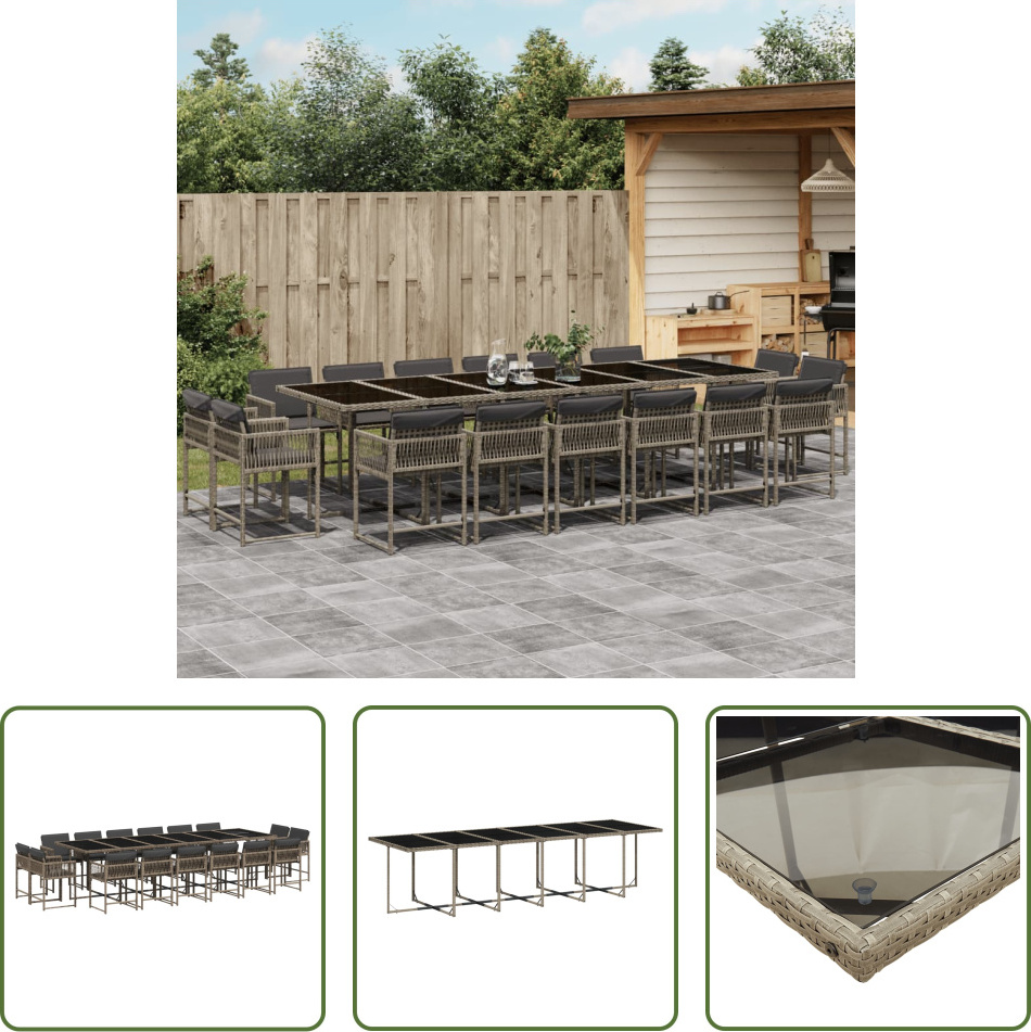 The Living Store 17-dielny záhradný jedálenský set s vankúšmi sivý polyratan