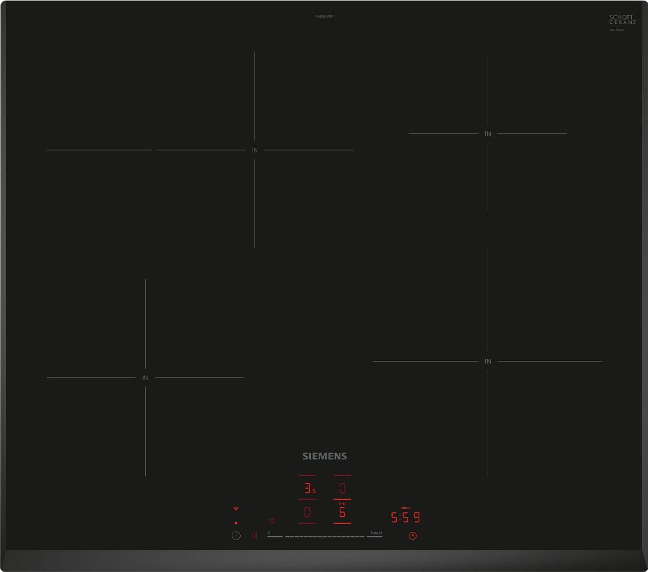Siemens EH65KHFB1E, Čierna, Vstavaný, 60 cm, Indukčná varná doska so zónami, Sklokeramická, 4 zone(s)