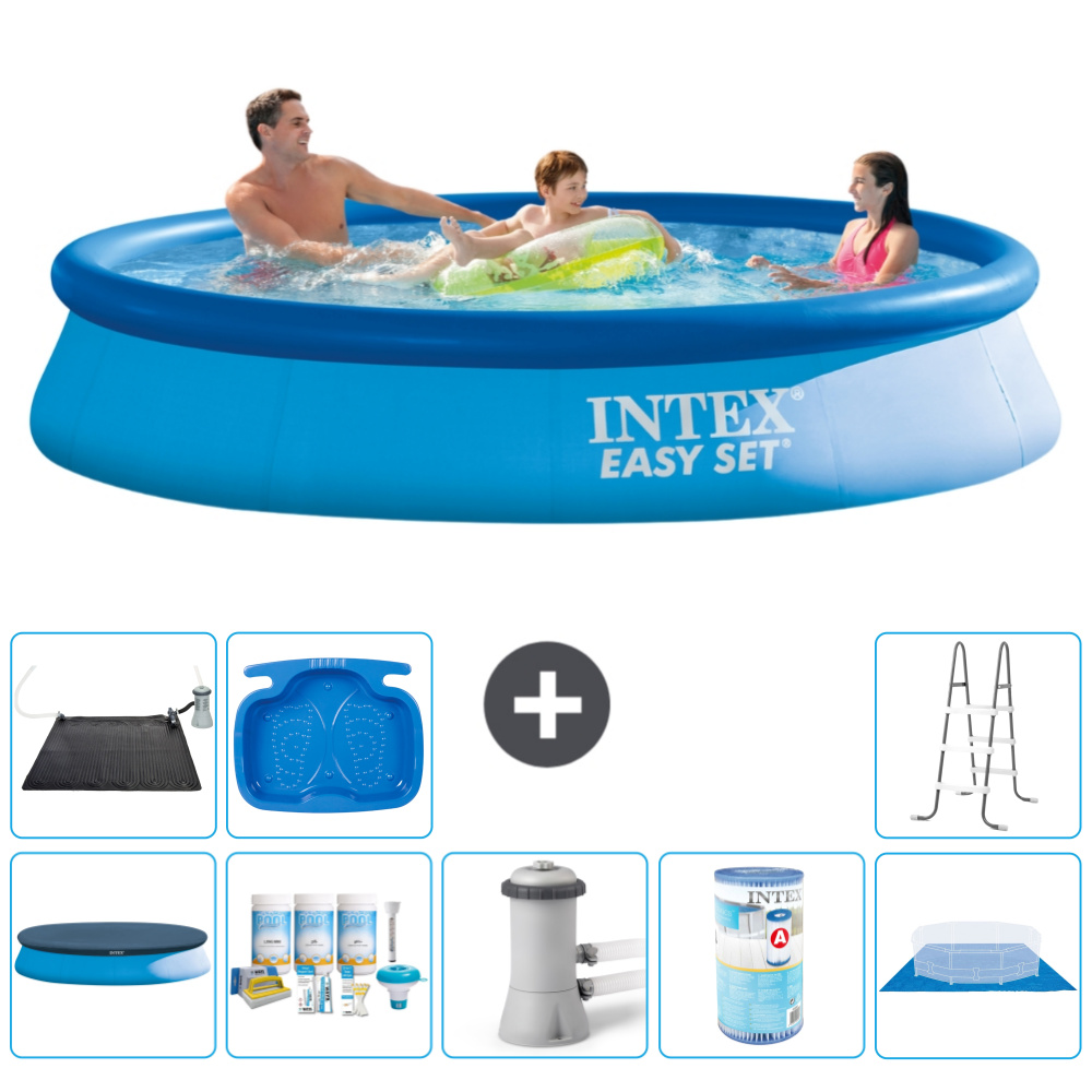 Intex okrúhly nafukovací bazén Easy-Set - 366 x 76 cm - modrý - vrátane krytu - balík na údržbu - filtračné čerpadlo pre bazén - filter - zemný kryt - solárna podložka