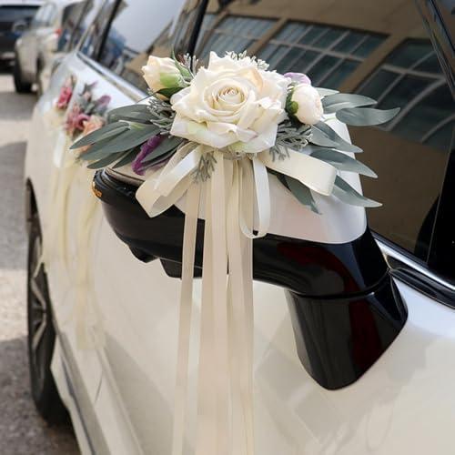 Zimtky 2 Stück Hochzeit Autoschmuck, Hochzeit Autoschleifen, Vintage Hochzeits Künstliche Blume mit Saugnäpfen für Auto Rückspiegel (Milchig Weiß) KESZF260508AMZ16