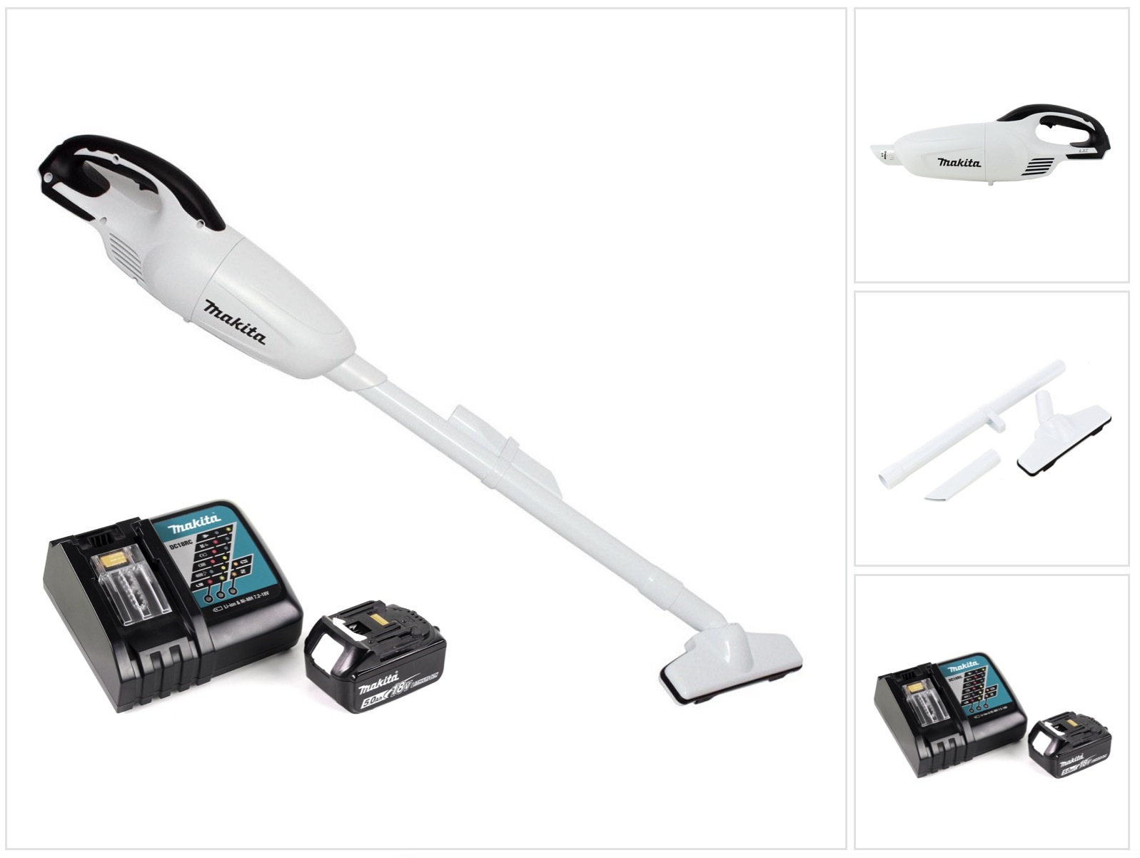 Akumulátorový vysávač Makita DCL 180 RT1 W 18 V biely + 1x akumulátor 5,0 Ah + nabíjačka
