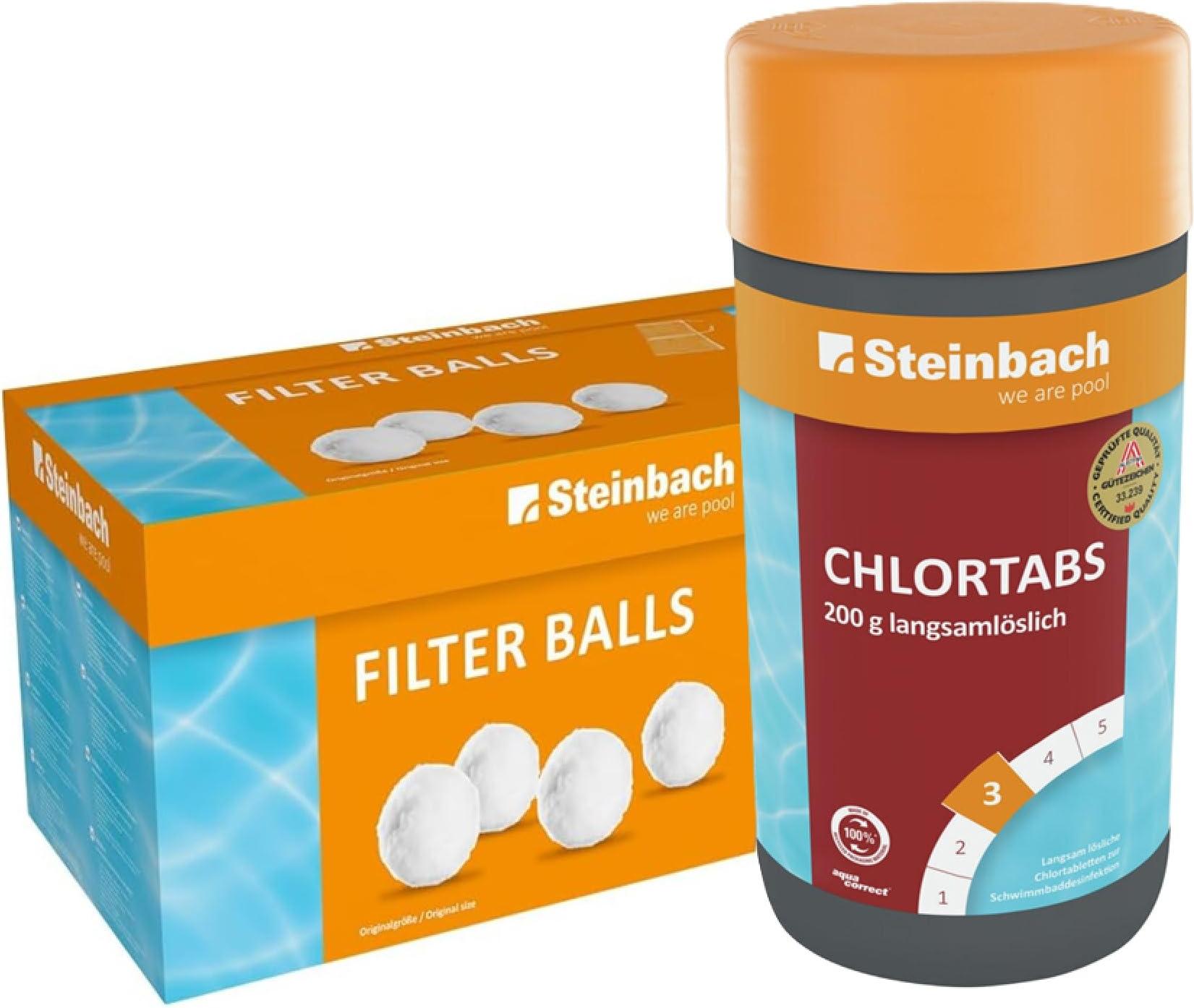 Steinbach Poolpflege-Set | Chlortabs (200g) 1 kg & Filter Balls 700 g | Schockchlorung & Wasserdesinfektion | Filterbälle ersetzt Filtersand | kristallklares Poolwasser ohne Rückstände
