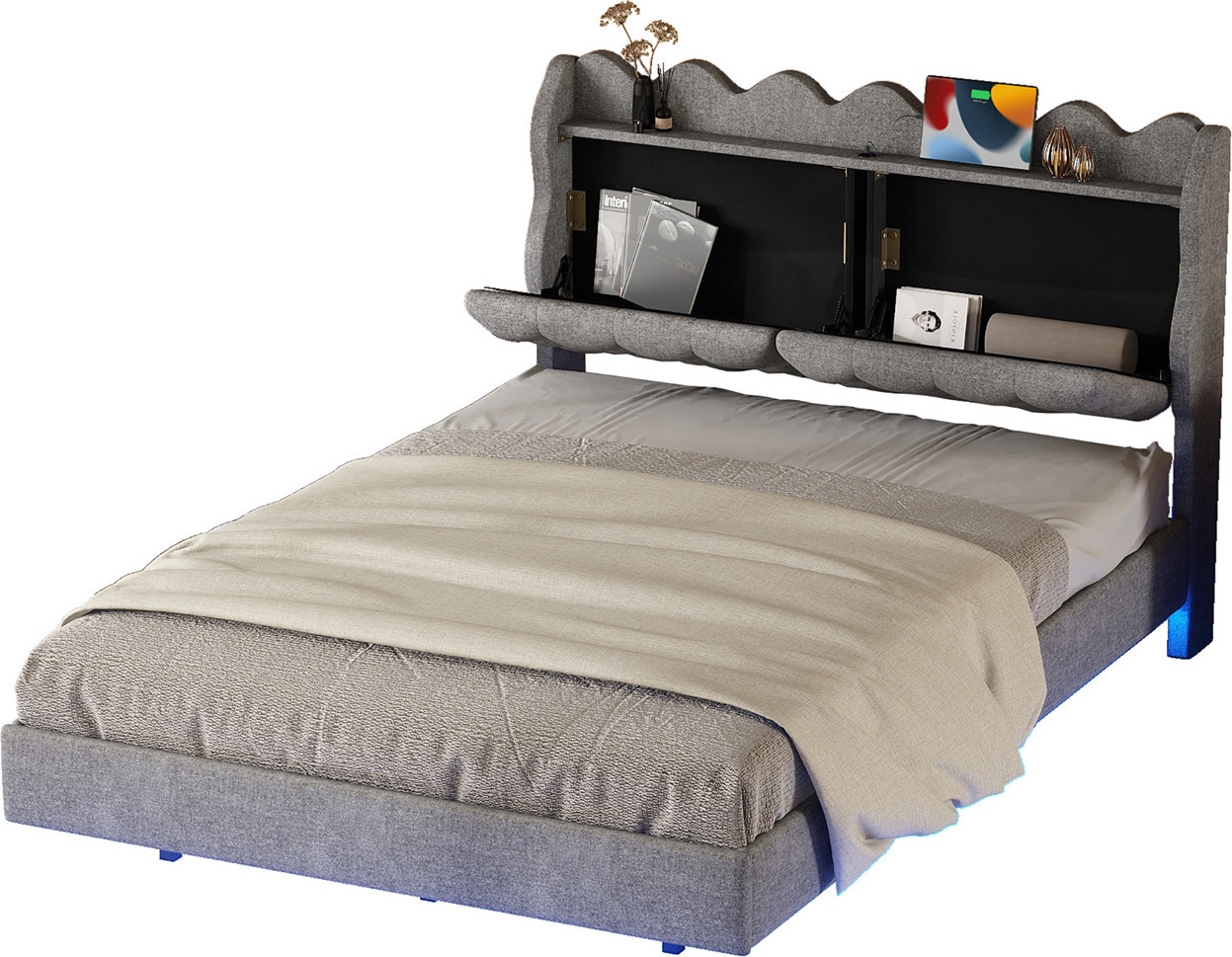 Doppelbett,Polsterbett(Grau,140x200cm)Hängebett,Polsterbett mit Nachtkästchen, Polsterbett mit Lichtleiste, Polsterbett mit USB-Ladeanschluss