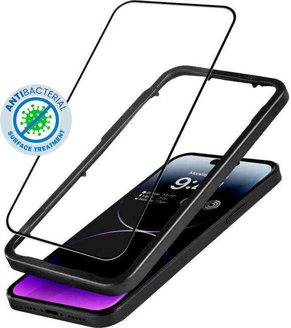 Crong Anti-Bacterial 3D Armor Glass - tvrdené sklo s tvrdosťou 9H pre celú obrazovku iPhonu 14 Pro Max + montážny rám