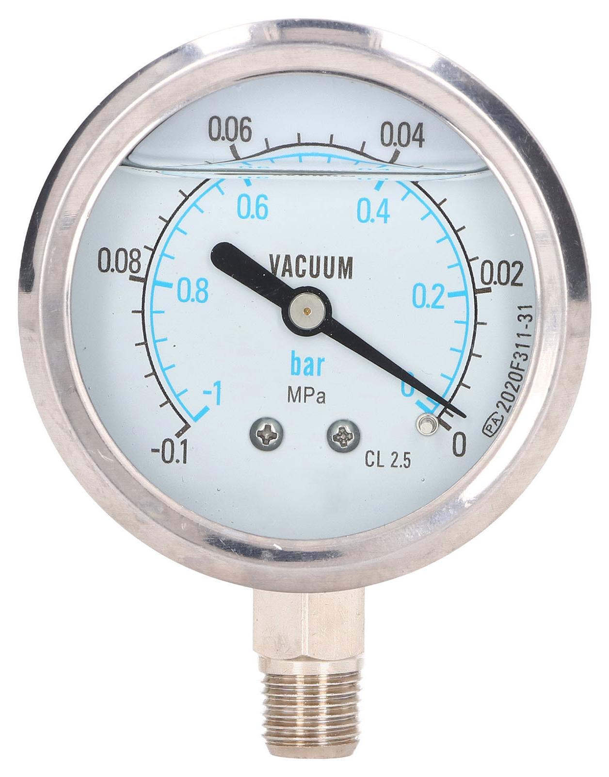 Gistuch Vakuum-Manometer-Testmessgerät 1/4 Zoll NPT Doppelskala aus Edelstahl für Wasser, Öl – 0,1 – 0 MPa