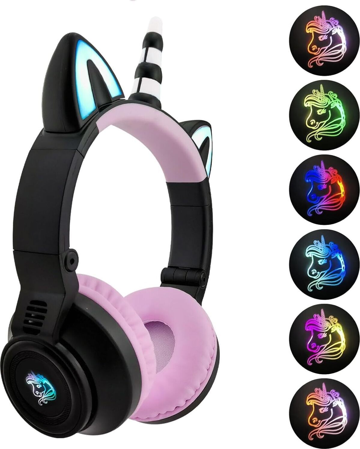Slúchadlá s jednorožcom Bluetooth, detské slúchadlá s farebnými svetlami, mikrofónom a slotom na kartu SD pre dievčatá od 3 rokov. (Jednorožec čierny)
