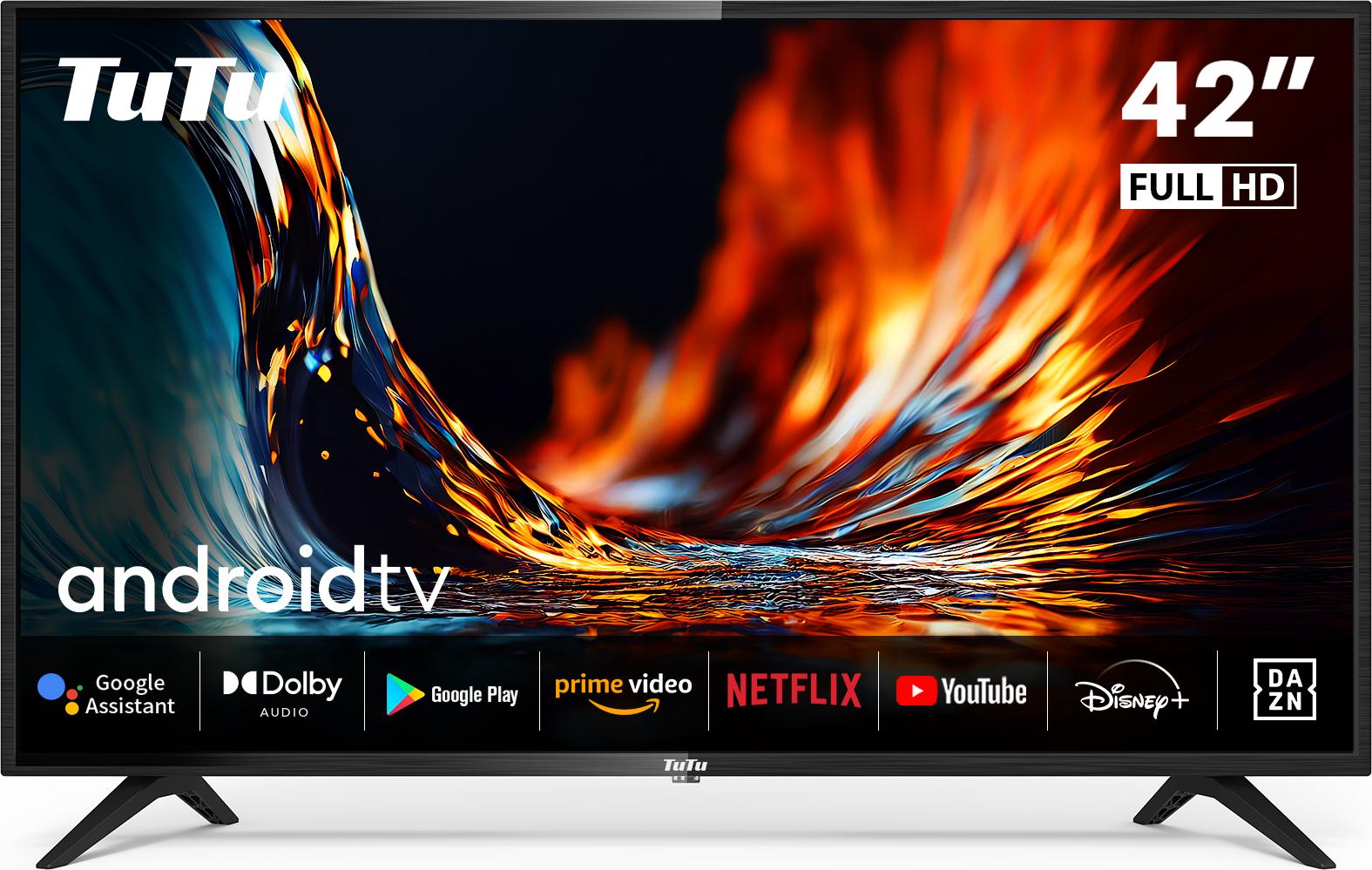 TuTu Android Smart TV - LED Full HD - 42 palcov/108 cm - Bezrámčekový dizajn - Trojitý tuner DVB-T/T2/S/S2/C - HDMI x2, USB x2, CI+ - Hlasové ovládanie a streamovacie aplikácie - Montované v Eindhovene, Holandsko - TUS42FD1A