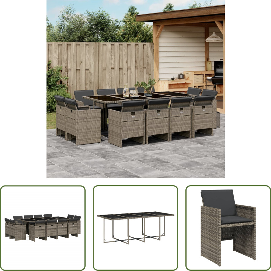 The Living Store 13-dielny záhradný jedálenský set s vankúšmi sivý polyratan