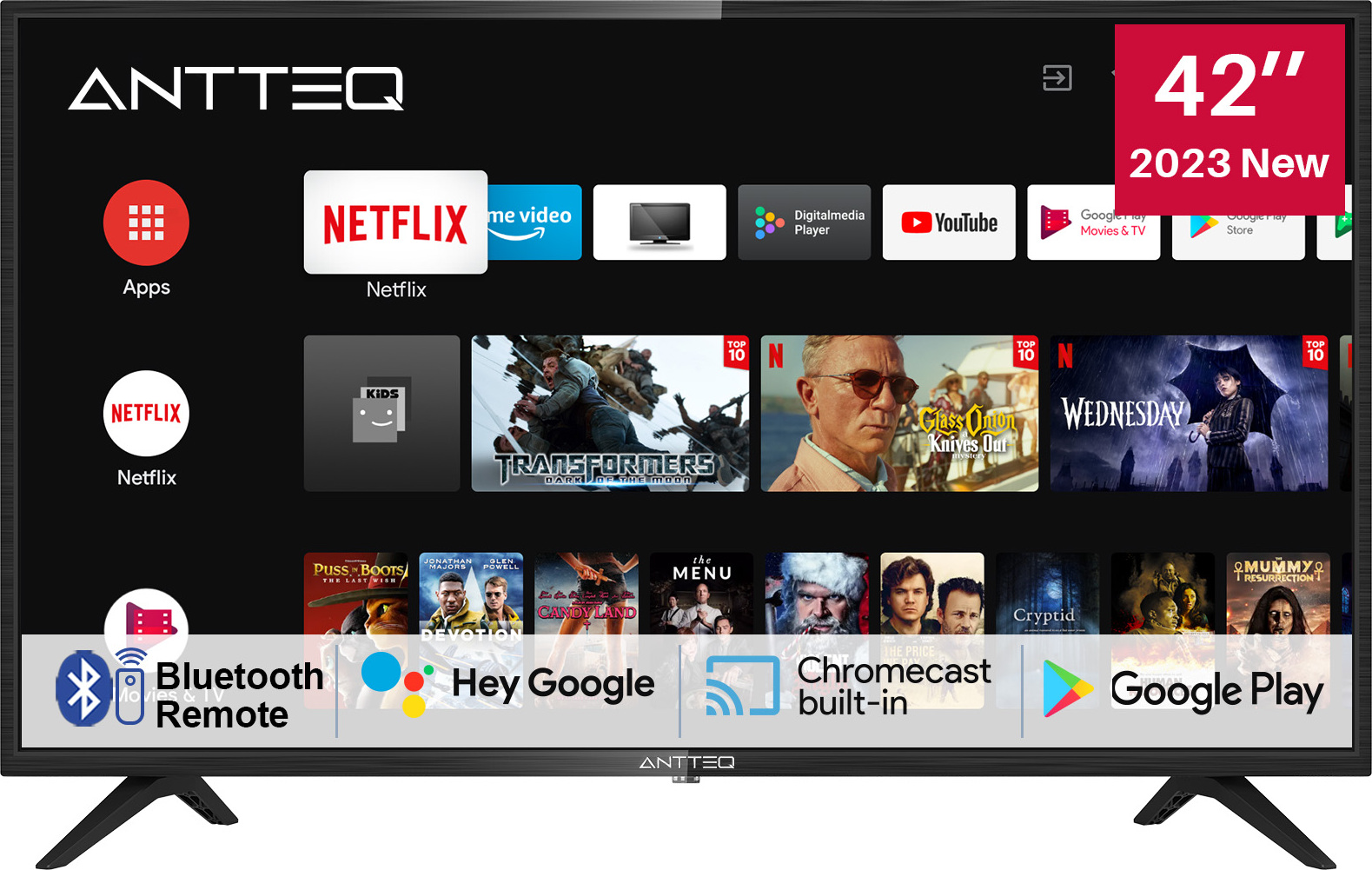 Antteq AG42F3 TV 42 Zoll(Fernseher 107cm) Smart TV, Andriod TV LED FHD, Dolby Audio,Google Assistance, Bluetooth, DVB-C/S2/-T2, Google Play, WiFi