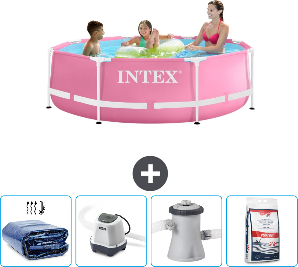 Bazén Intex s okrúhlym rámom - 244 x 76 cm - ružový - vrátane markízy - systém so slanou vodou - filtračné čerpadlo pre bazén - bazénová soľ