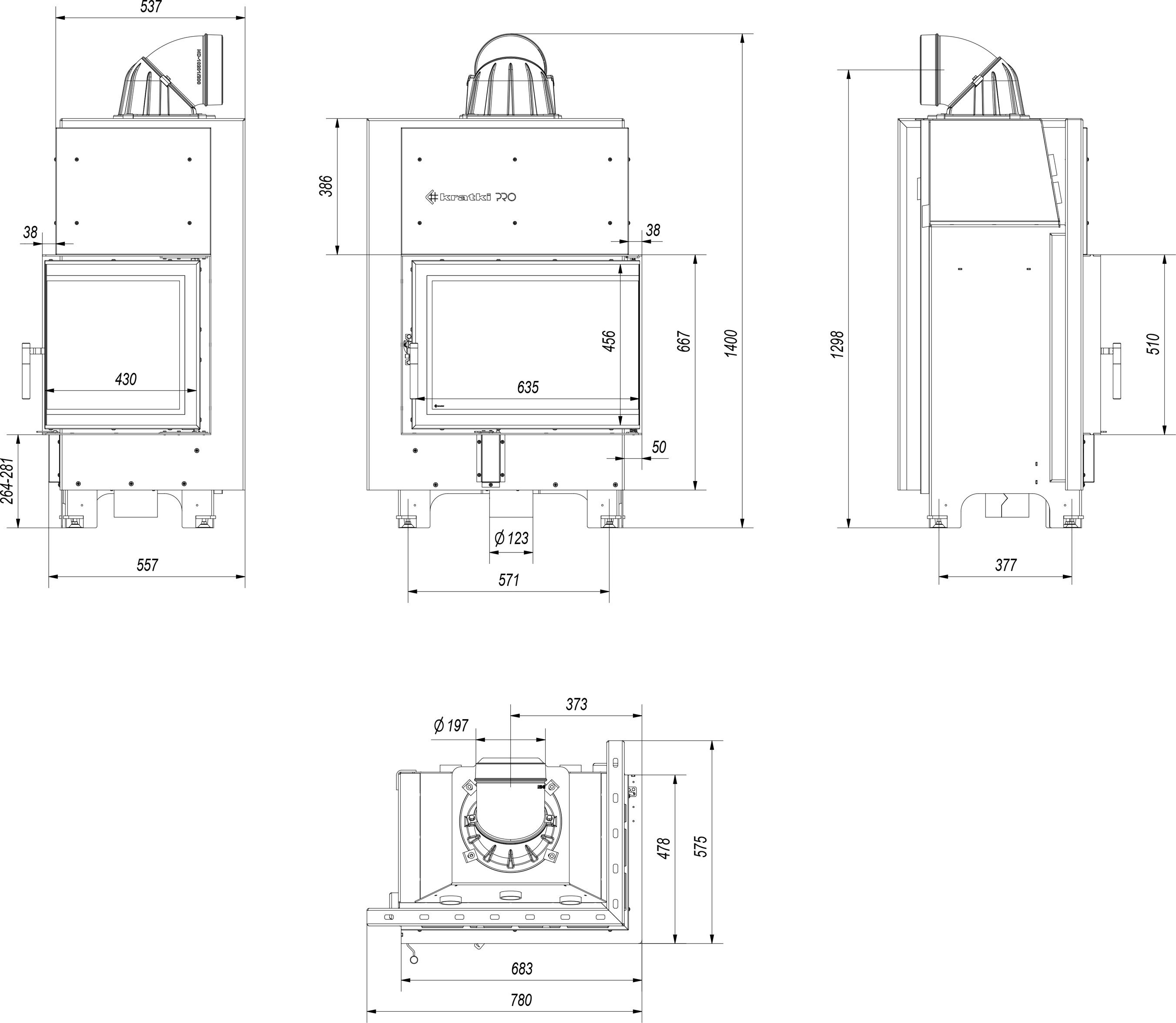 Oceľový krb KRATKI MBZ pravý 13 kW Ø 200 čierny thermotec
