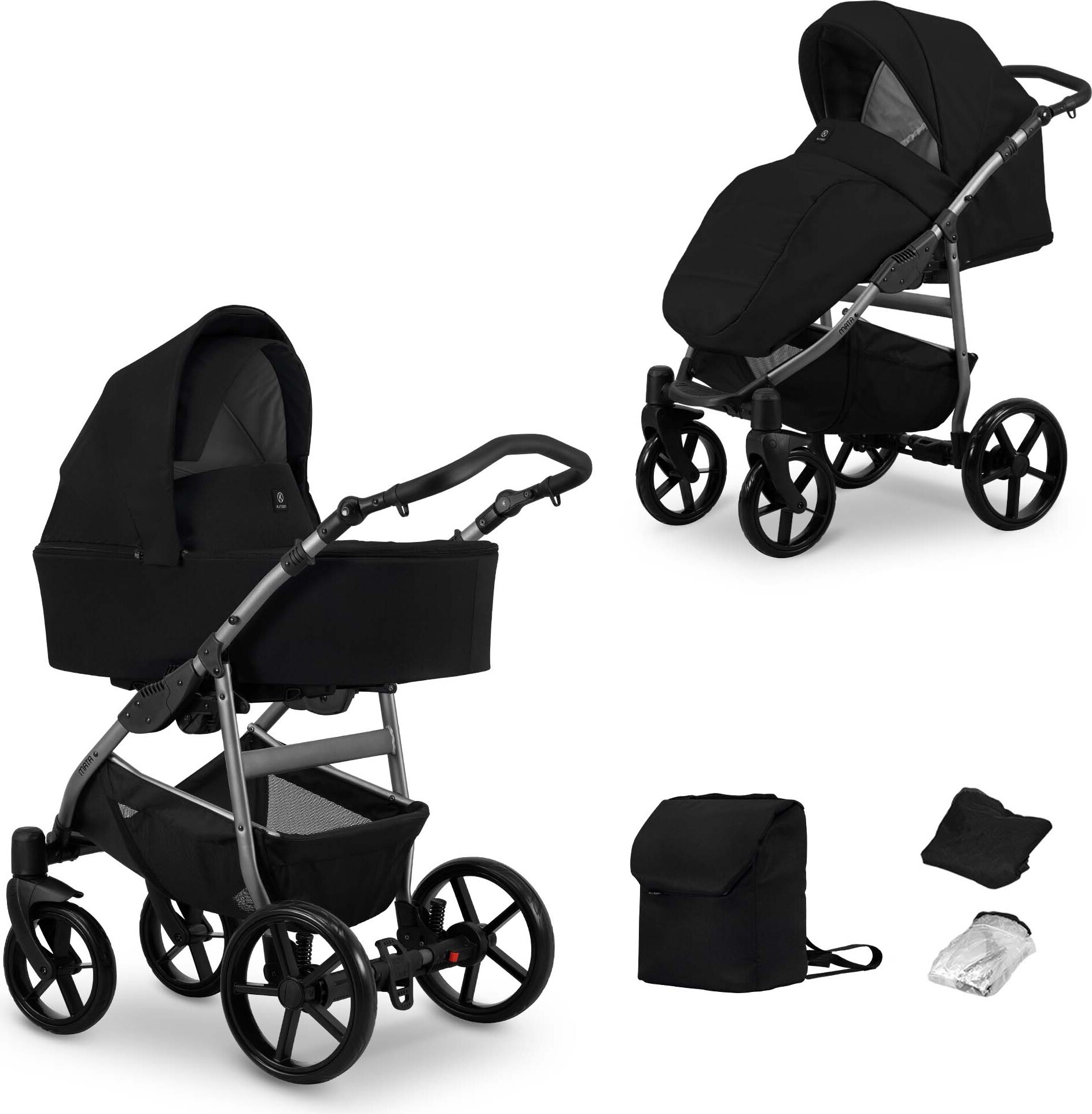Kinderwagen MATA Sportwagen Babywagen Babyschale Komplettset Kinder Wagen Set 2 in 1 (schwarz, Rahmenfarbe: Graphite)