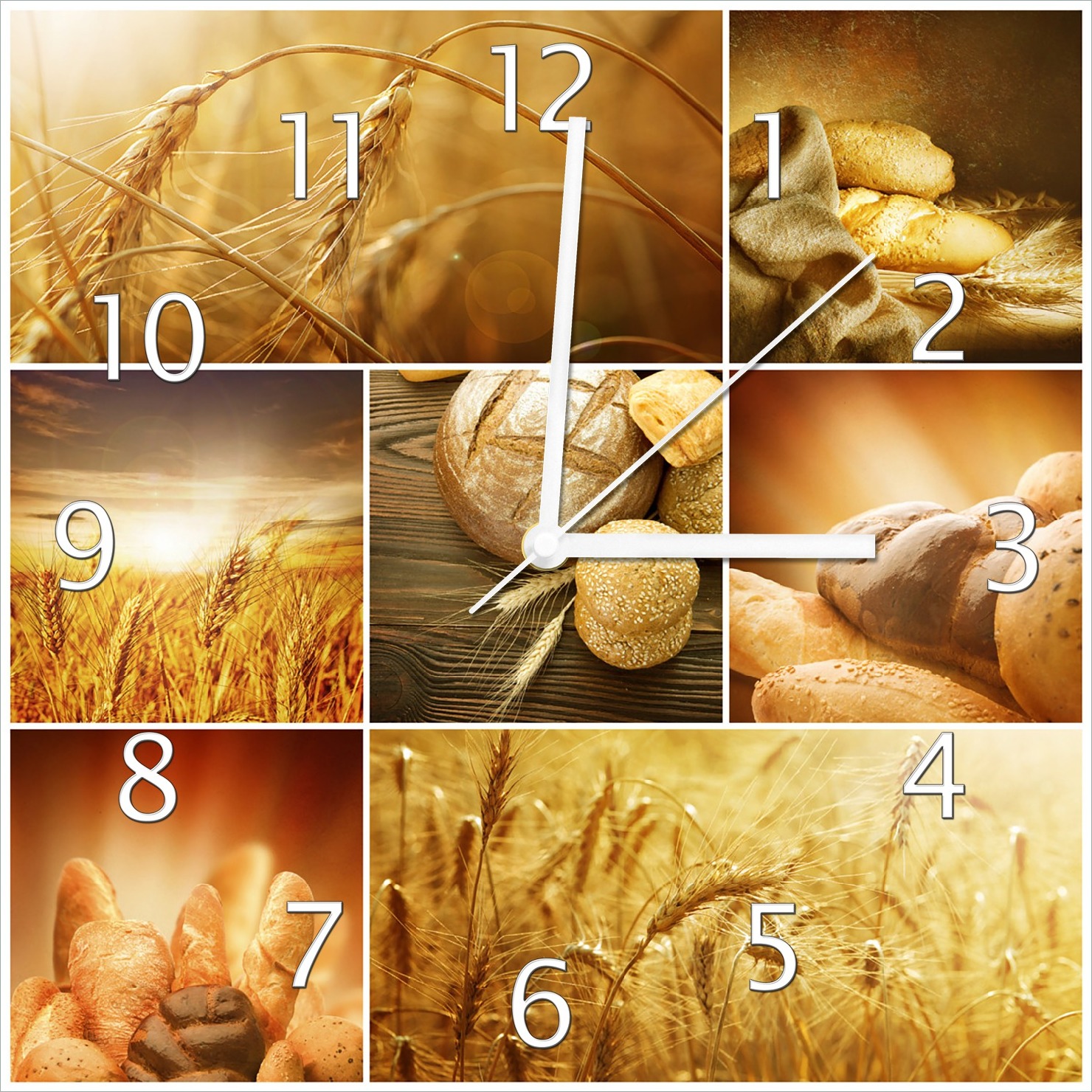 Wallario Design Wanduhr Getreide und Brotsorten aus Weizen aus Echtglas, Größe 30 x 30 cm guk0463-3030