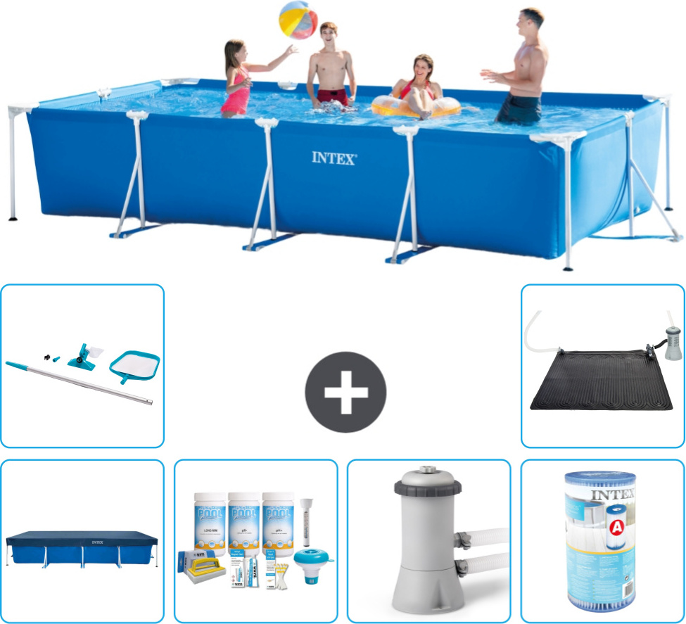 Bazén Intex s obdĺžnikovým rámom - 450 x 220 x 84 cm - modrý - obsahuje kryt - balík na údržbu - filtračné čerpadlo pre bazén - filter - čistiaca súprava - solárna podložka