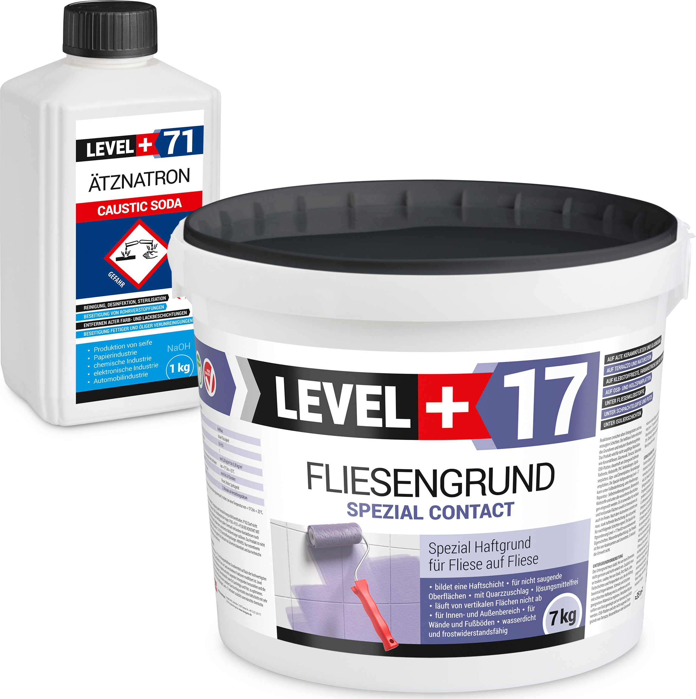 Hangato GmbH Fliesengrund 7kg Fliese auf Fliese Spezial-Haftgrund Quarzgrund Spezial Contact + Entfetter Reiniger Ätznatron 1kg LEVEL+ Set RM17 RM17_7_CS