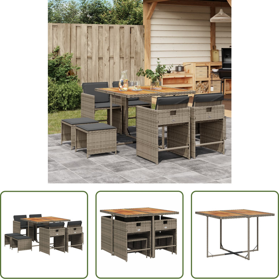 The Living Store 9-dielny záhradný jedálenský set s vankúšmi sivý polyratan