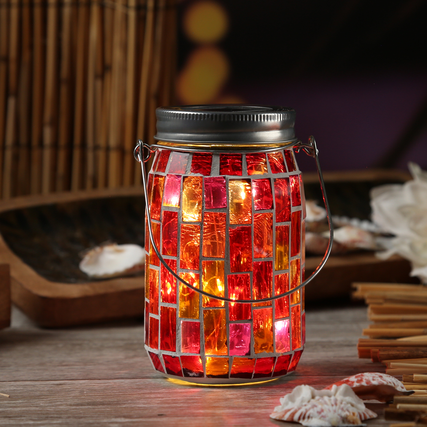 MARELIDA LED Solar Glas - Einmachglas mit Mosaiksteinchen - mit Henkel - H: 13,5cm - Lichtsensor - rot [327]895015-1-rot