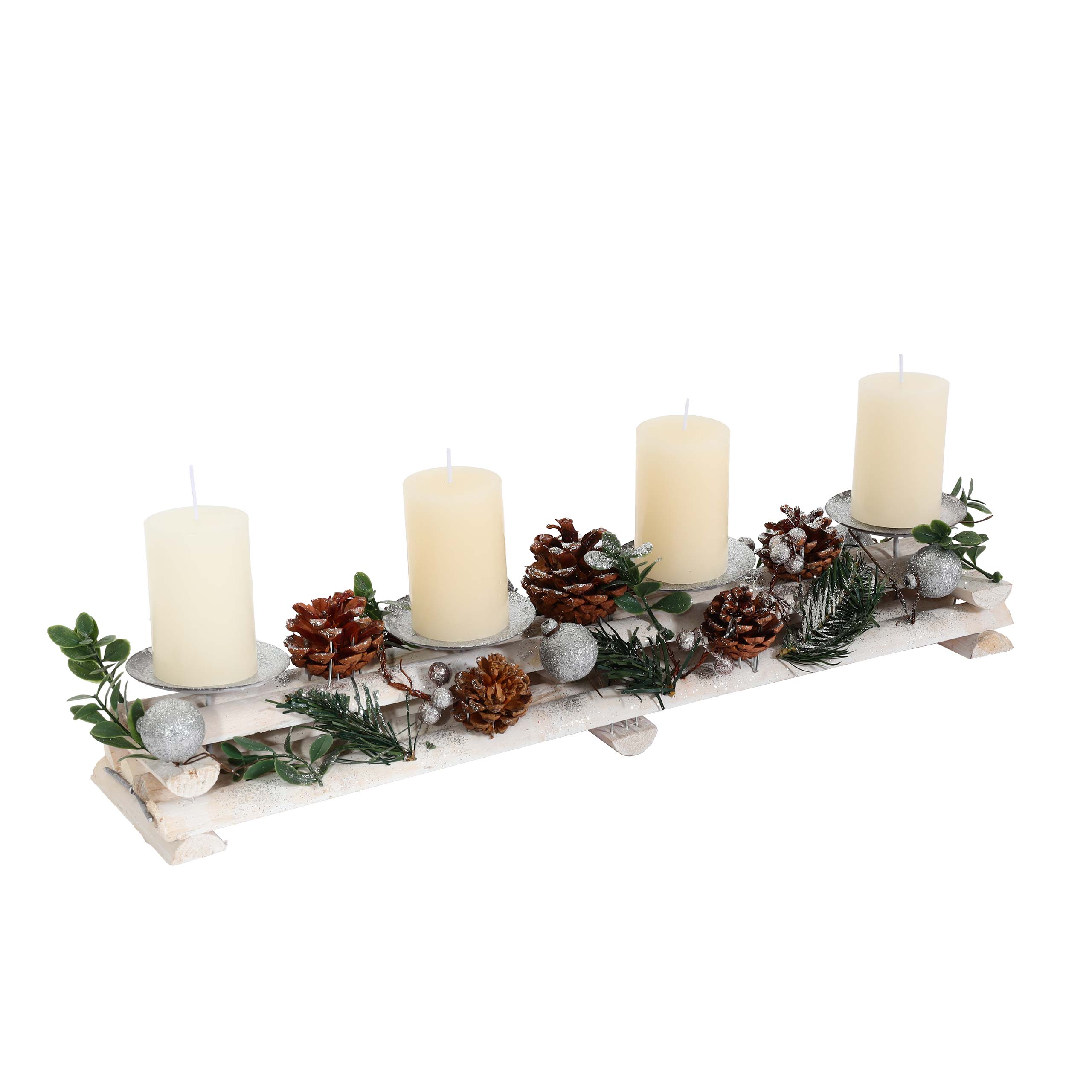 Adventsgesteck MCW-M12 mit Kerzenhaltern, mit silber Holz Adventskranz weiß 18x49x13cm Weihnachtsdeko Kerzen