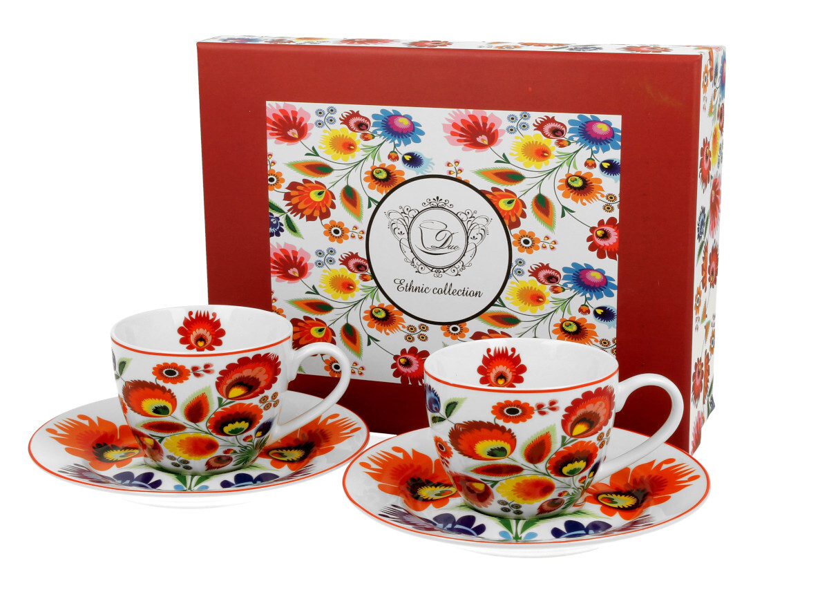 DUO sp. z o.o. DUO ETNO 2er-Set Espressotassen 90 ml OWICZ mit Untertassen, New Bone China Porzellan hua-2fe-lowicz