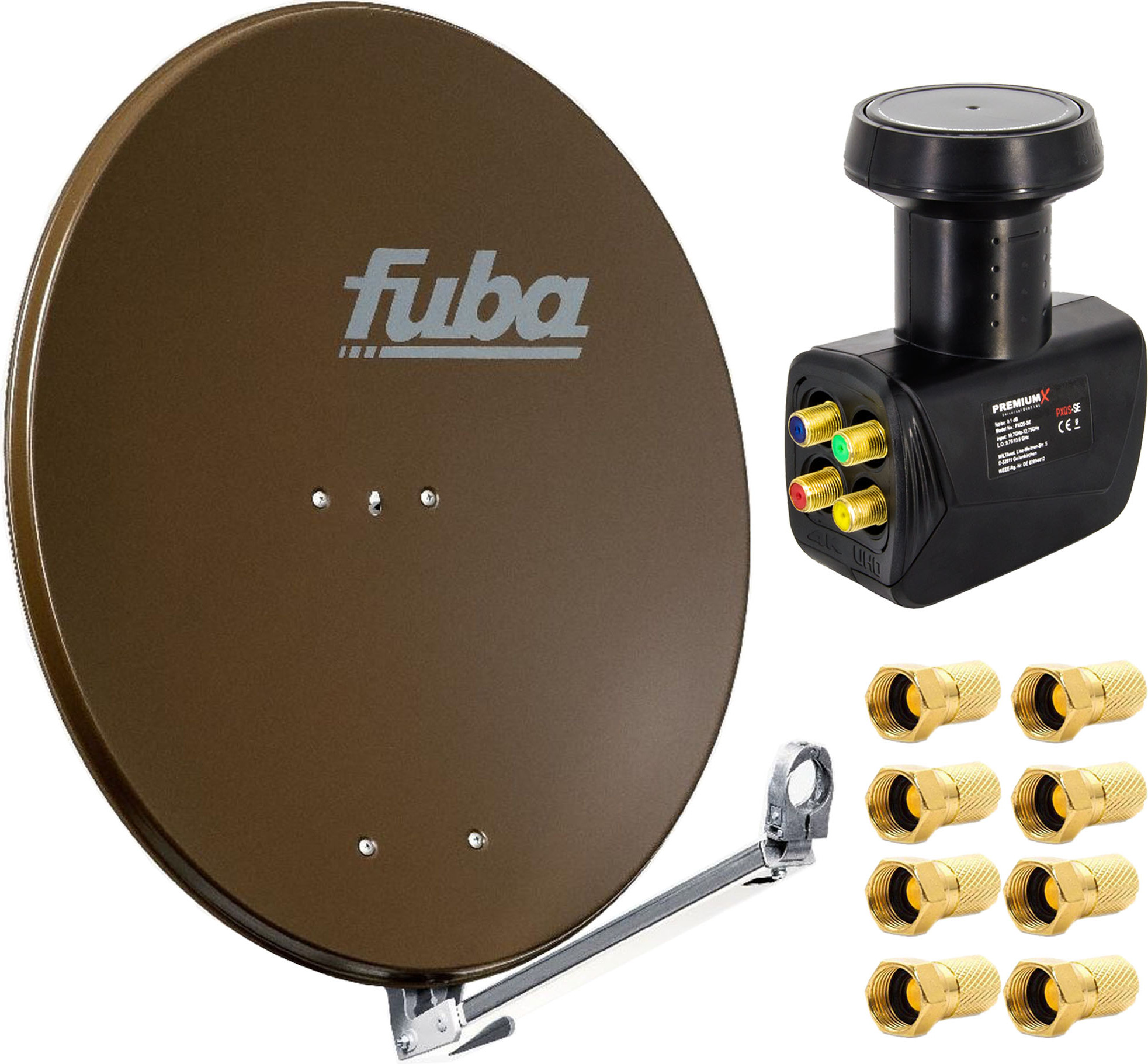 Fuba DAL 800 B Satellitenantenne Alu Braun 80cm LNB Quad zum Direktanschluss SAT bis 4 Teilnehmer 8x F-Stecker