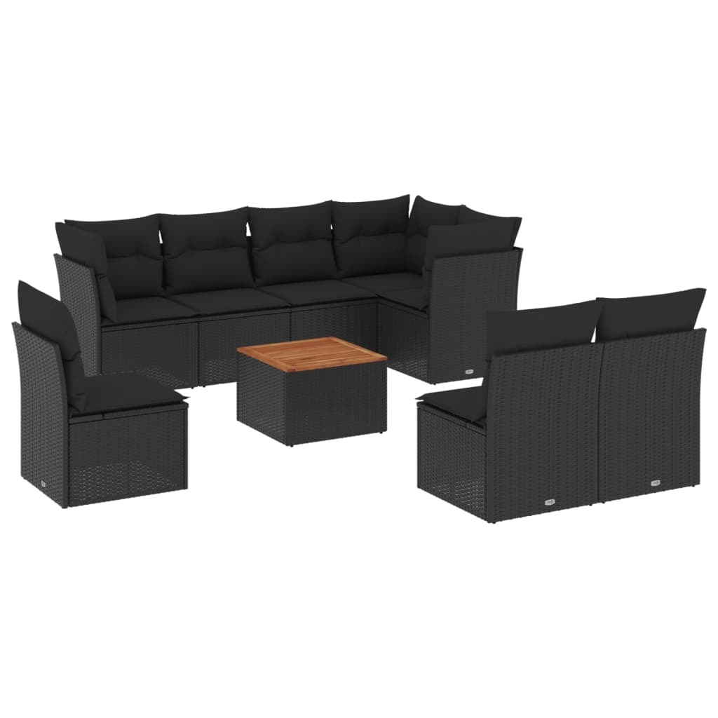 vidaXL 9-tlg. Garten-Sofagarnitur mit Kissen Schwarz Poly Rattan 3223682